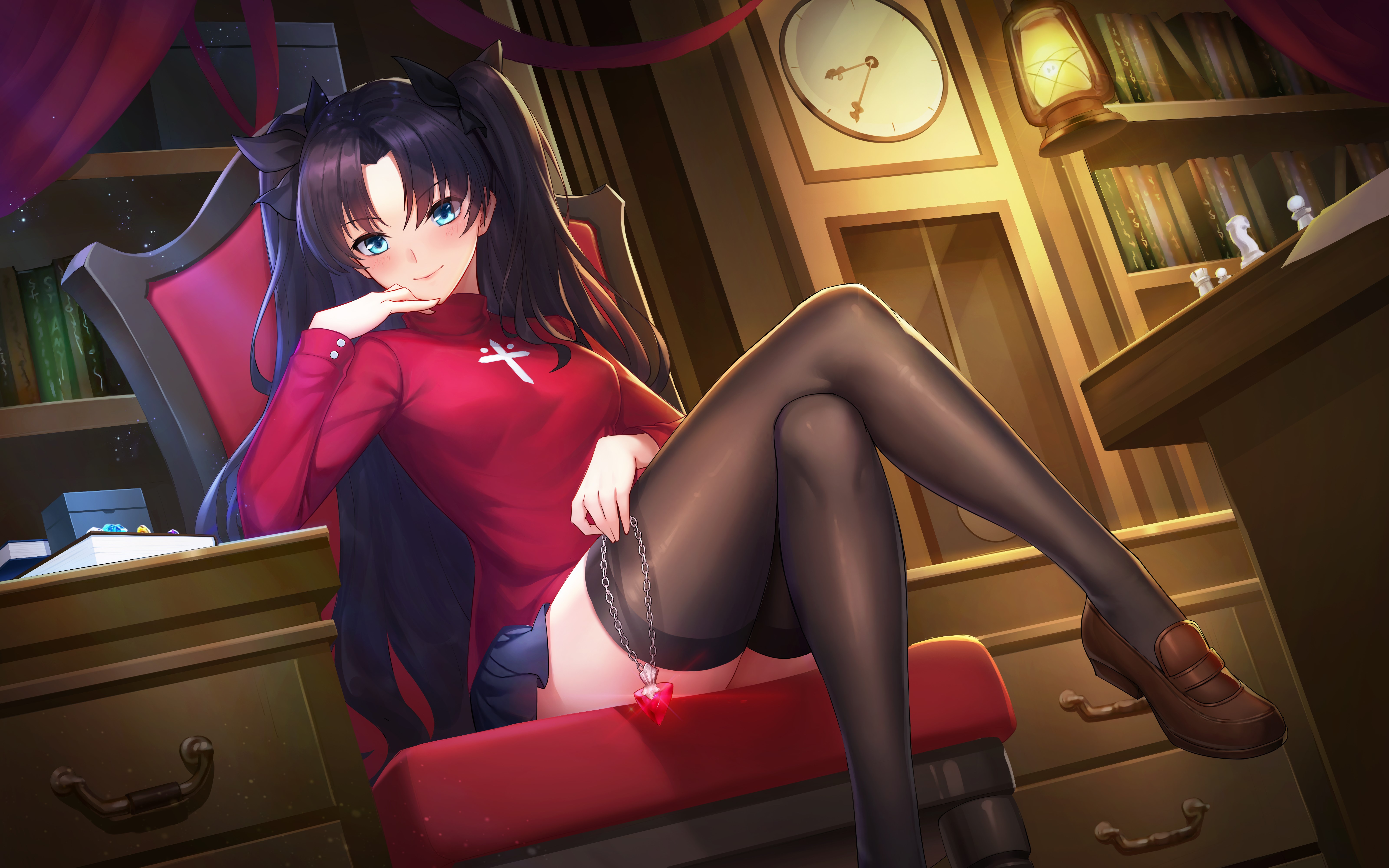 long hair, black hair, Tohsaka Rin, anime, blue hair, black socks, smiling, red shirt, clocks, curtain, jewel, lamp, short skirt, chair, Fate/Grand Order, books, chess, drawer, floating particles, hand on face, sitting, looking at viewer, shoes, HD Wallpaper