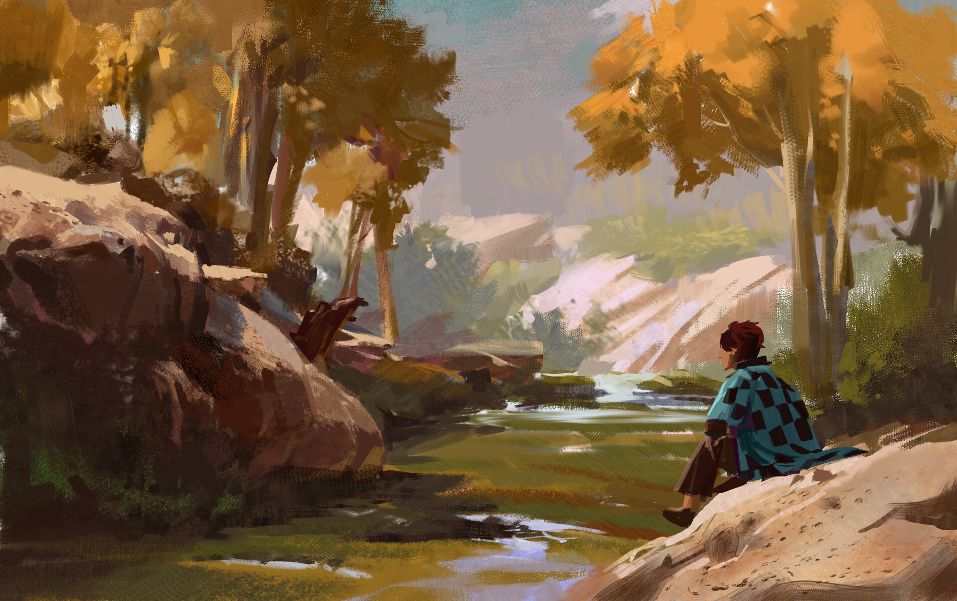 Lee Su Yeon, ArtStation, artwork, digital art, fantasy art, Kimetsu no Yaiba, Kamado Tanjirō, forest, river, trees, HD Wallpaper