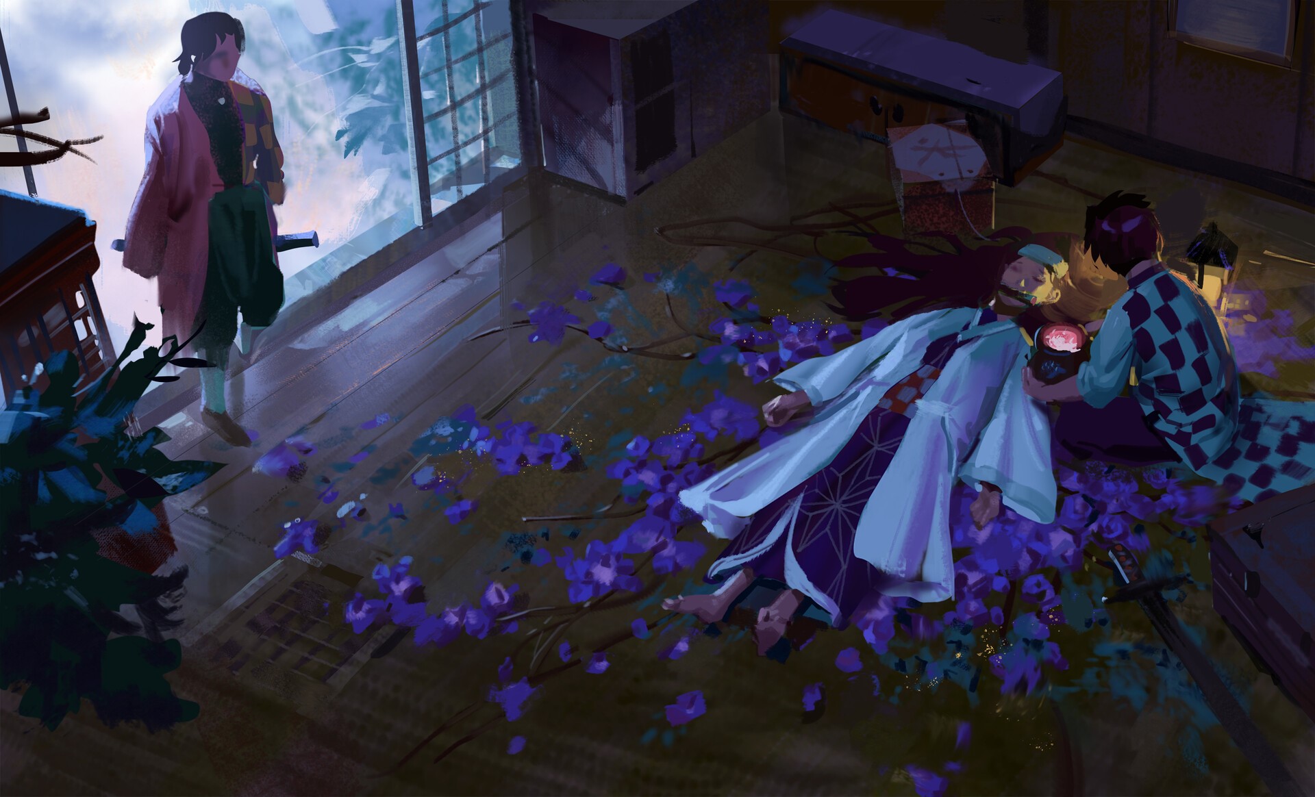 Lee Su Yeon, ArtStation, artwork, digital art, fantasy art, Kimetsu no Yaiba, Kamado Tanjirō, flowers, sword, lantern, HD Wallpaper