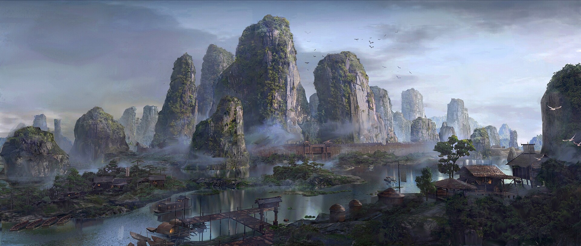 mountains, river, mist, village, HD Wallpaper