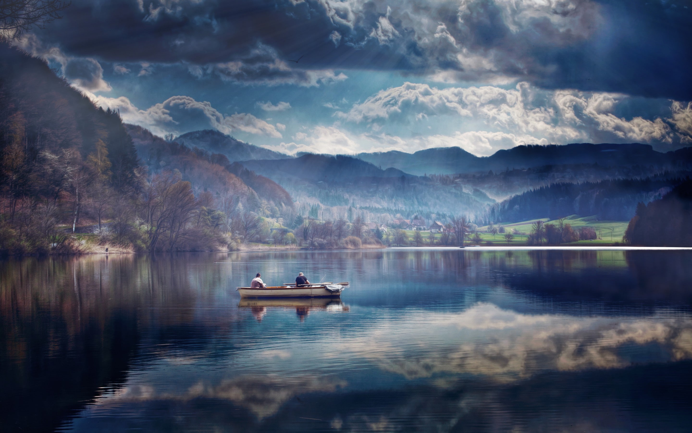 lake, boat, mountains, trees, clouds, sky, HD Wallpaper