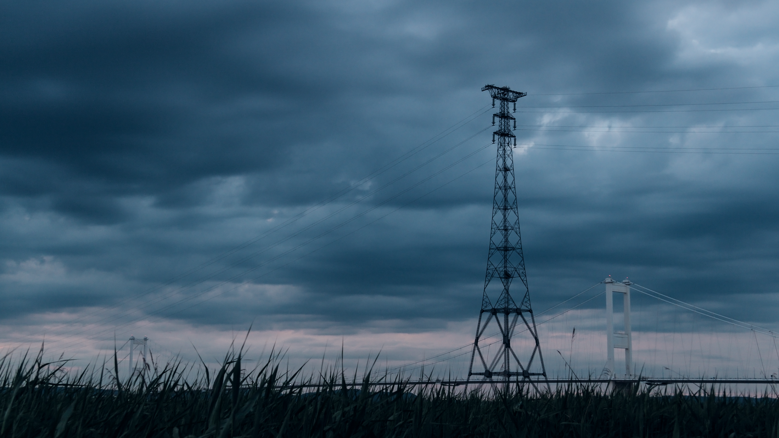 clouds, bridge, reeds, power lines, sky, outdoors, HD Wallpaper