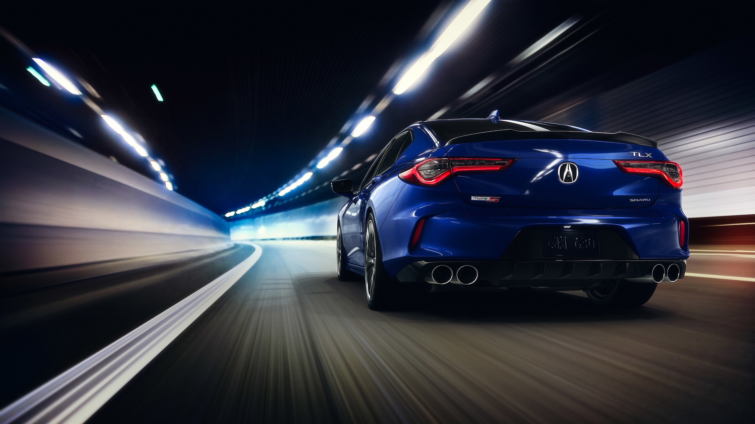 Acura TLX, car, vehicle, tunnel, motion blur, tail light, blue cars, HD Wallpaper