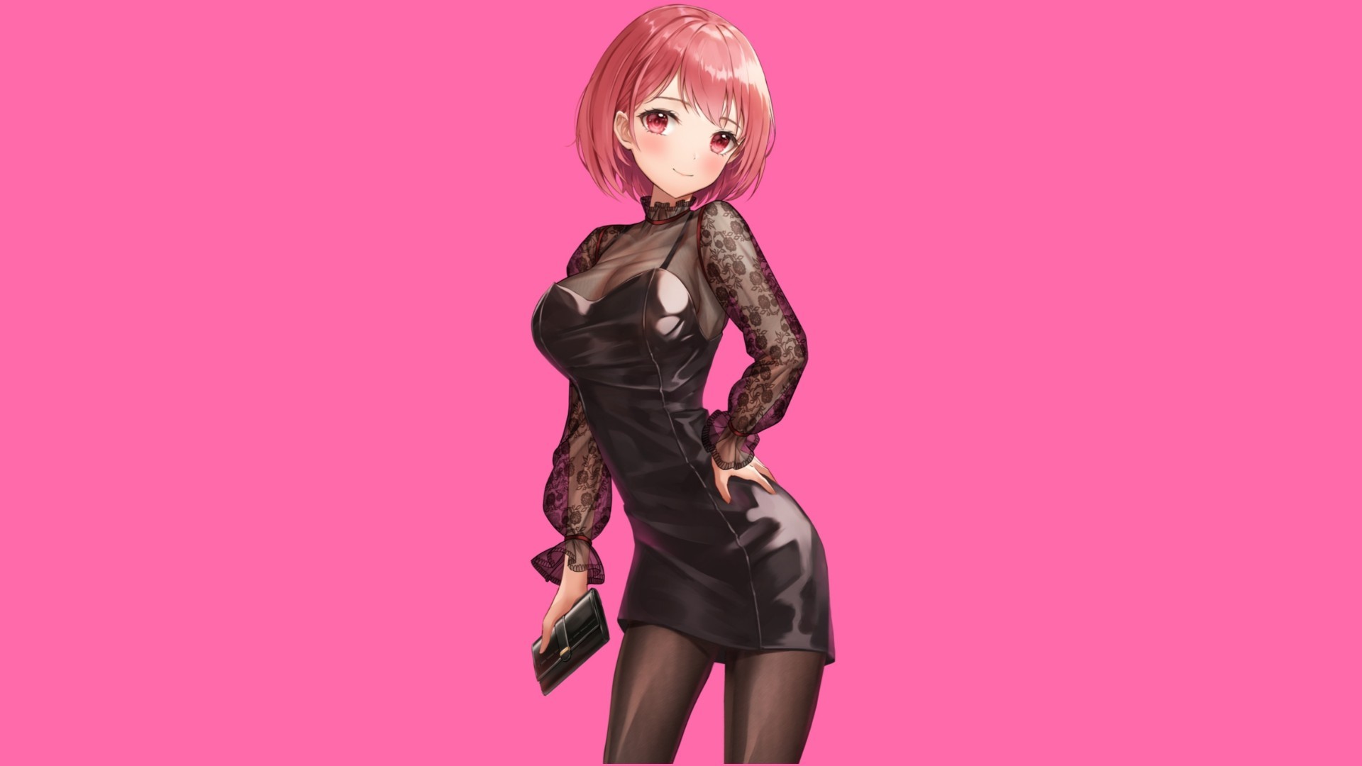 pink hair, short hair, black dress, purse, clutch, pink eyes, pink background, anime girls, anime, pantyhose, HD Wallpaper