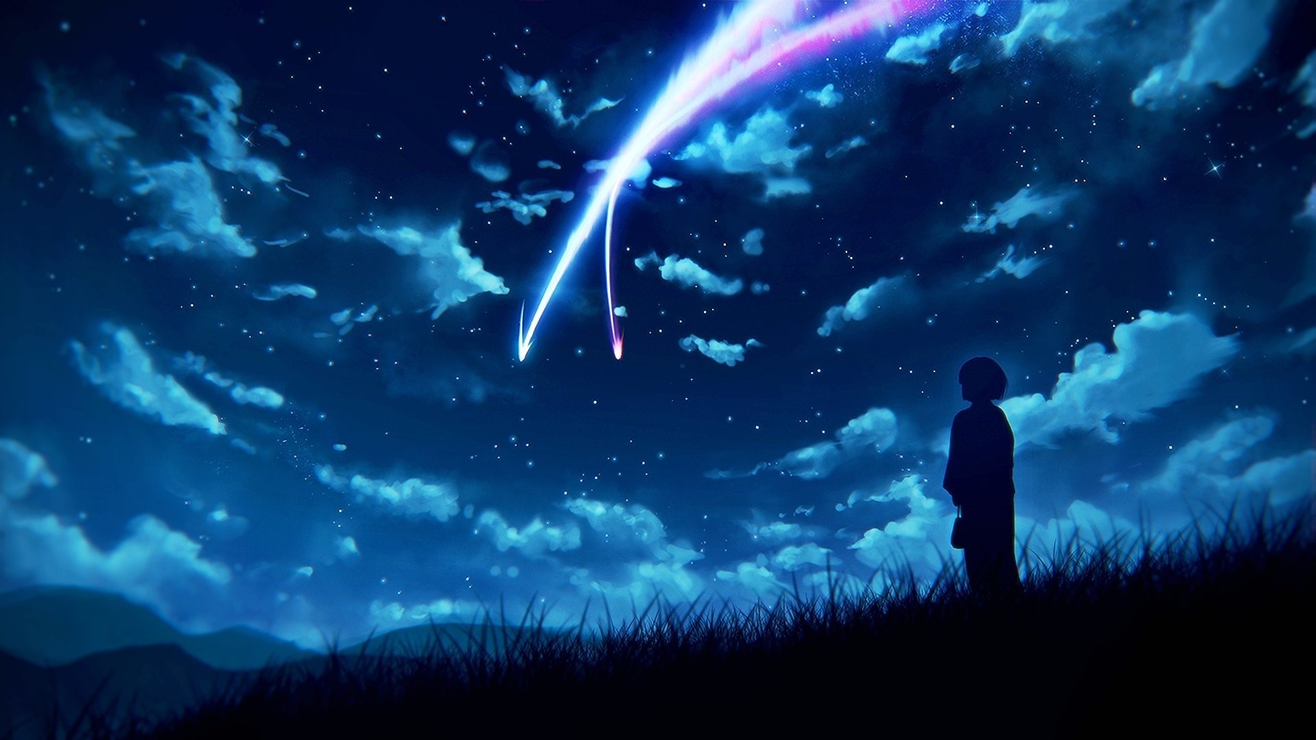 Girlfriend (beta), starry night, anime girls, dark, sky, night, anime, Kimi no Na Wa, Your Name, Mitsuha Miyamizu, Miyamizu Mitsuha, blue, looking away, HD Wallpaper