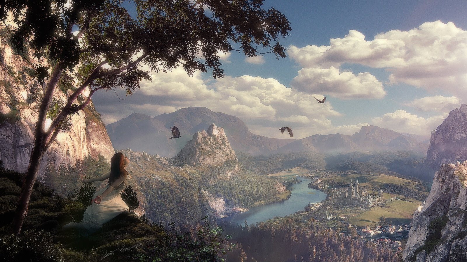 fantasy art, landscape, digital art, mountains, lake, horizon, inetgrafx, clouds, fantasy girl, birds, HD Wallpaper