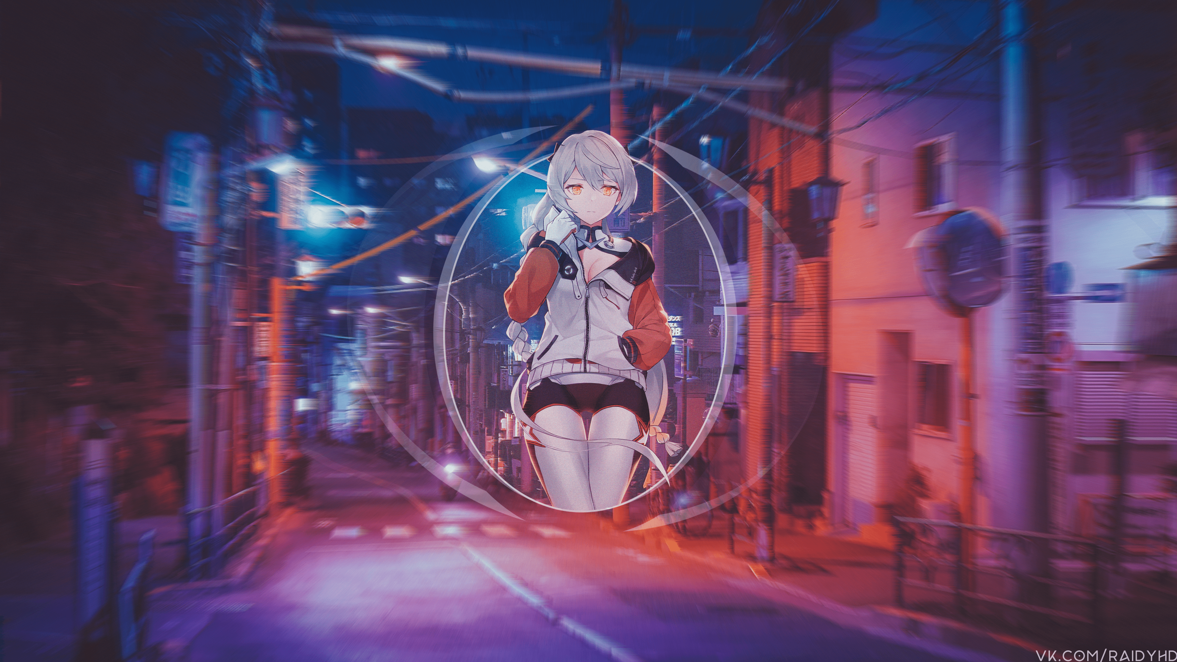 anime, anime girls, picture-in-picture, Kiana Kaslana, street, lights, HD Wallpaper