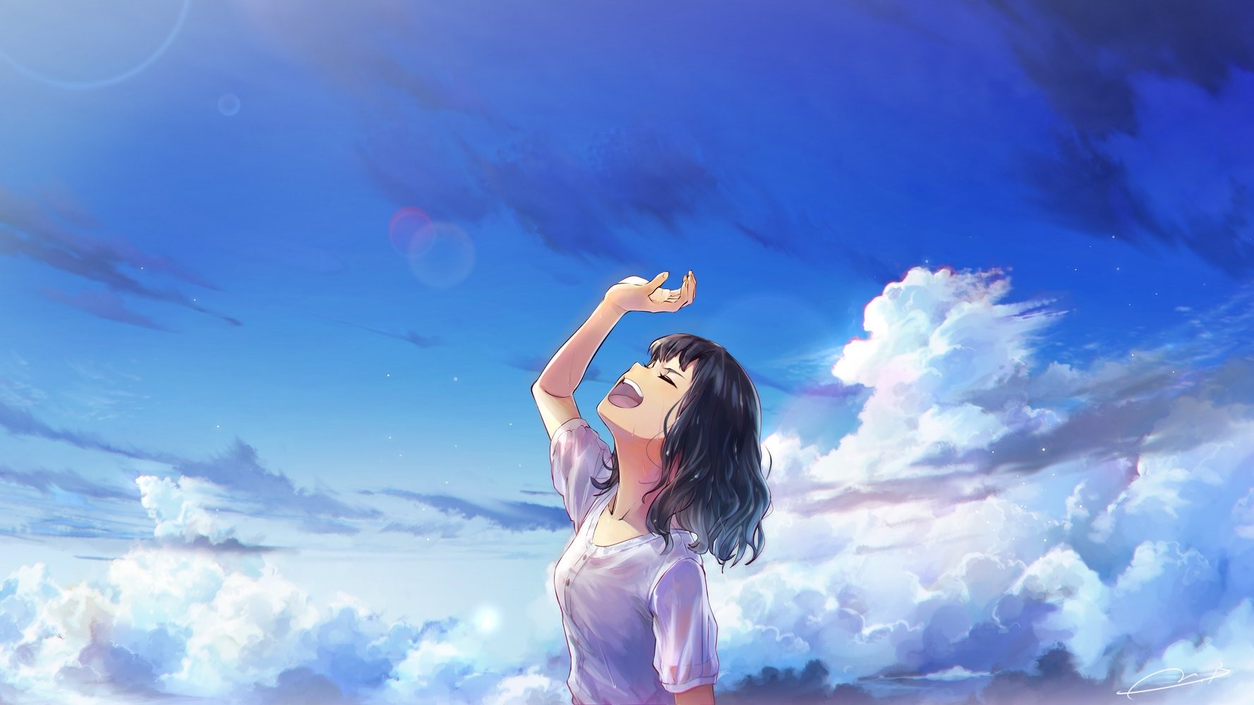 anime, anime girls, sky, clouds, screaming, HD Wallpaper