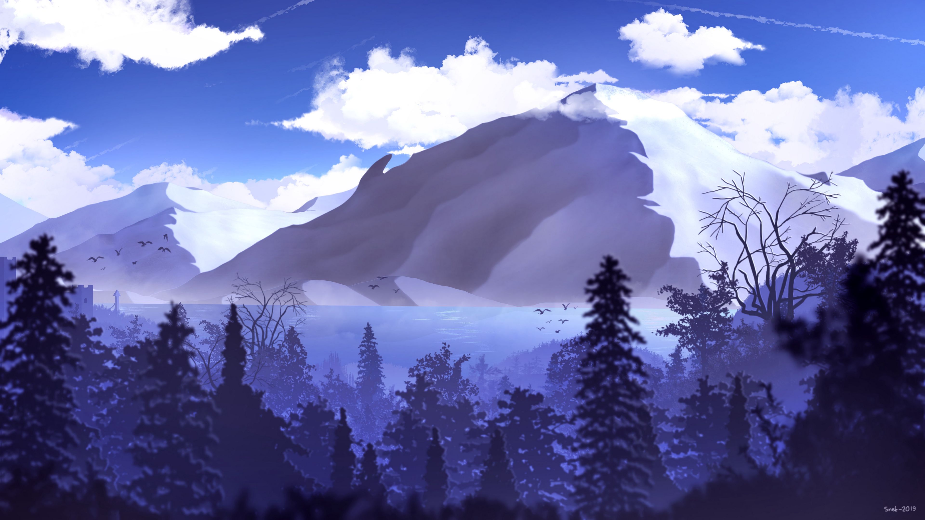 mountains, peaks, forest, clouds, art, 4k, HD Wallpaper