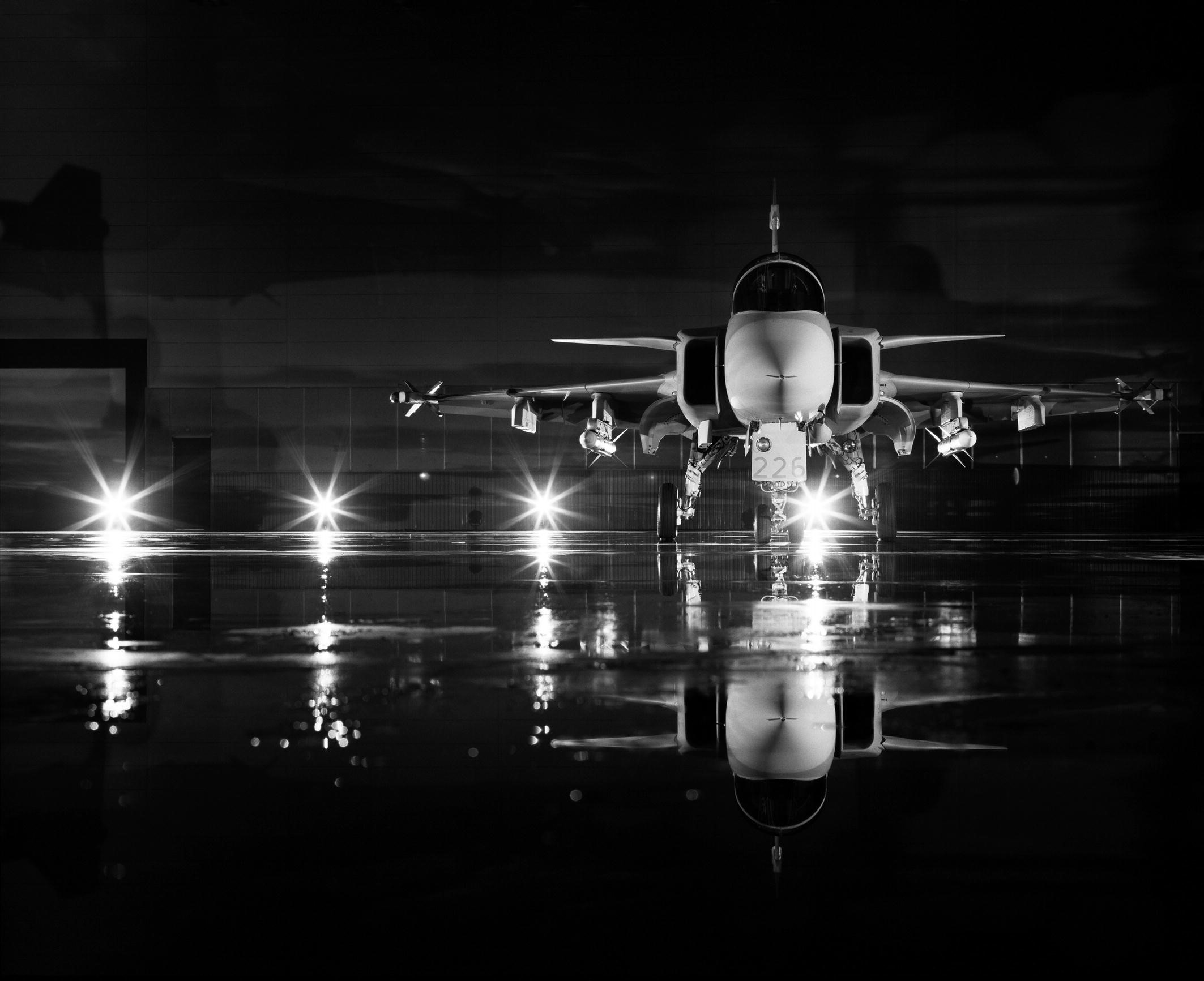 aircraft, jet fighter, monochrome, JAS-39 Gripen, night, HD Wallpaper