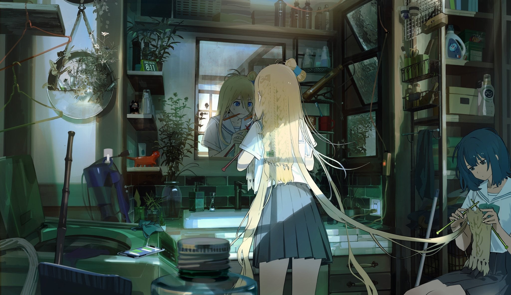 long hair, anime girls, anime, mirror, blonde, blue eyes, HD Wallpaper