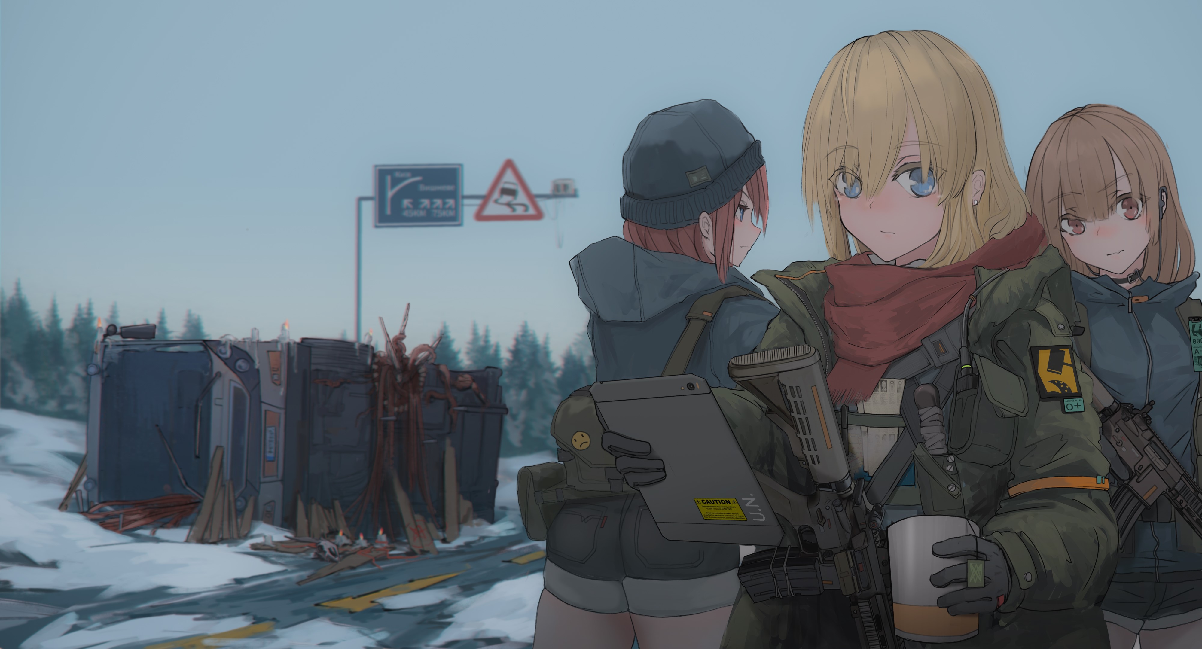 anime, anime girls, AegisFate, Girl With Weapon, snow, road, blonde, blue eyes, HD Wallpaper
