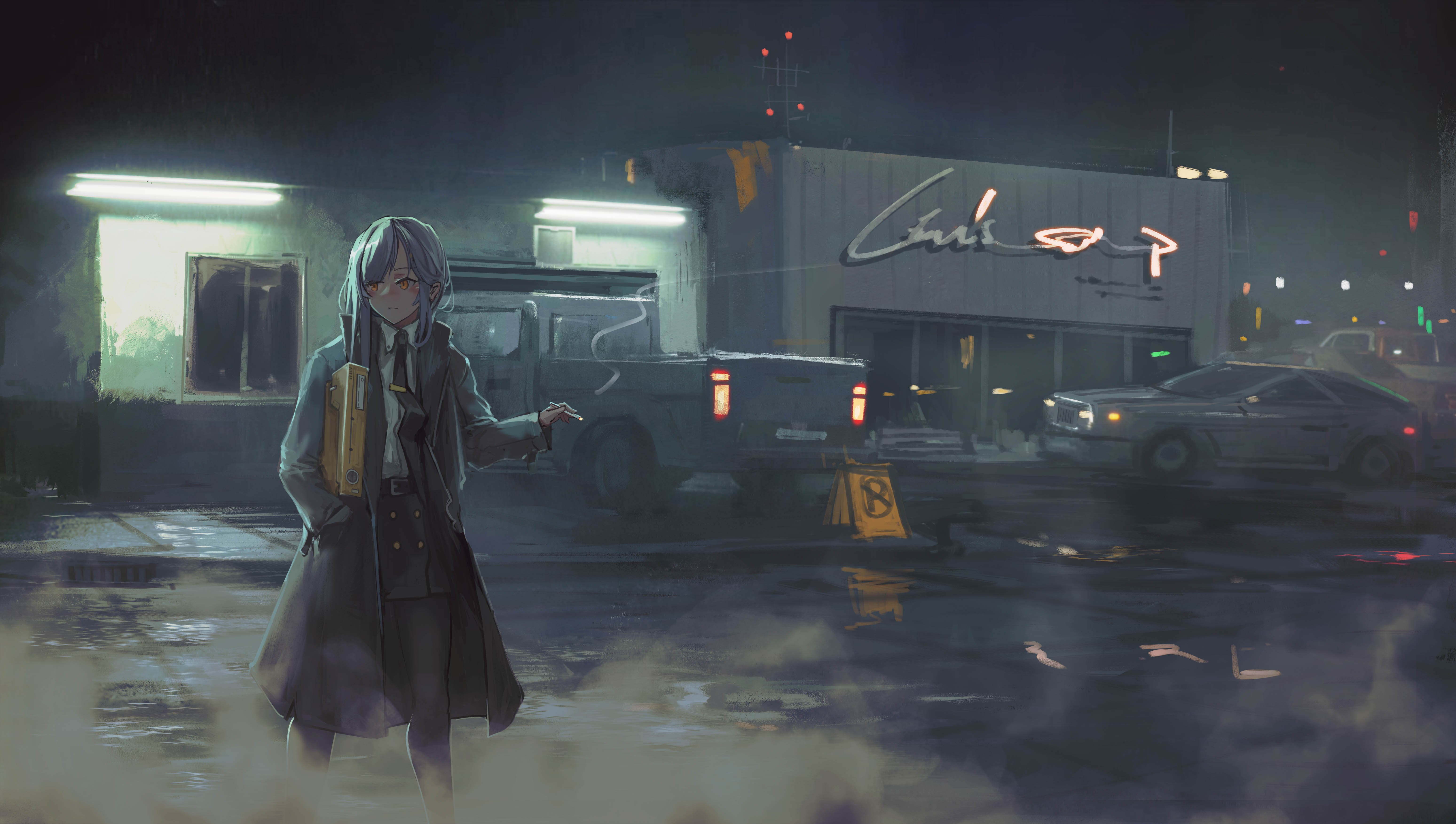 anime, anime girls, AegisFate, car, smoking, long hair, grey hair, night, original characters, pantyhose, 2D, looking away, orange eyes, blushing, winter, HD Wallpaper