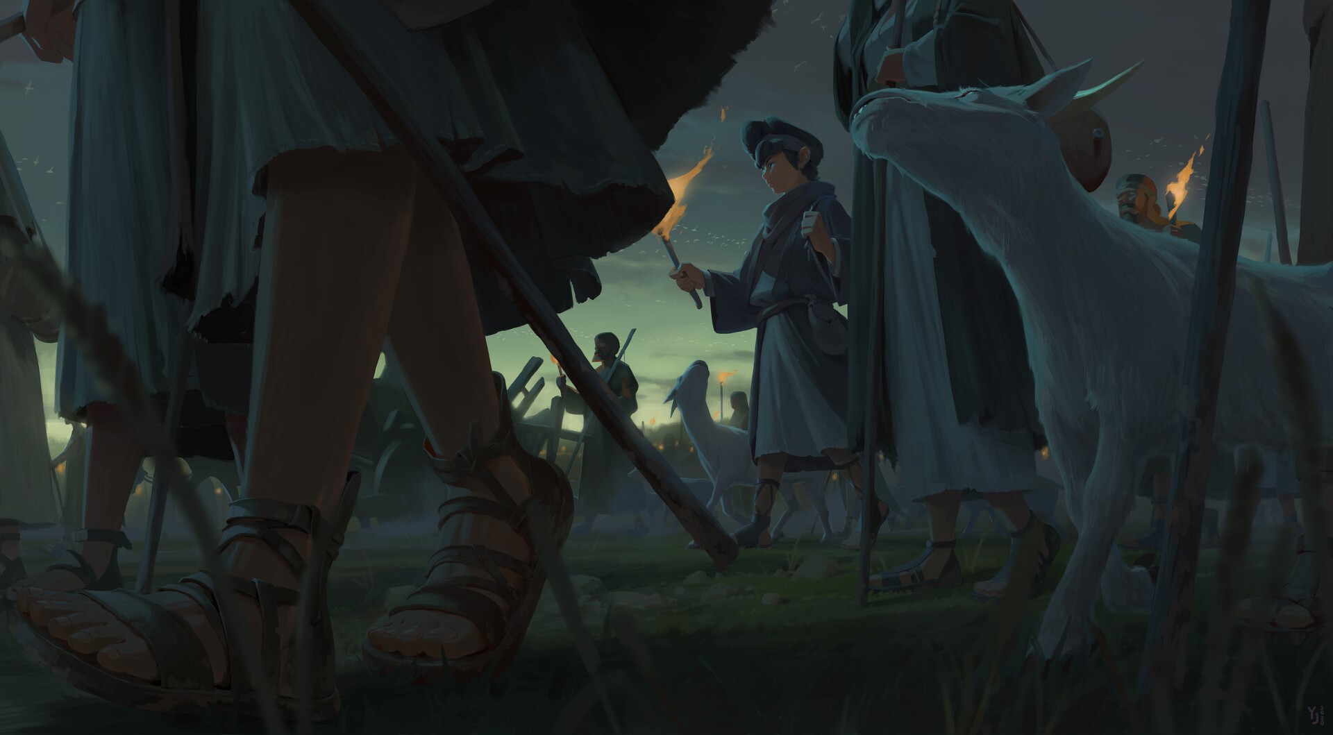 walking, wolf, artwork, fantasy art, torches, HD Wallpaper