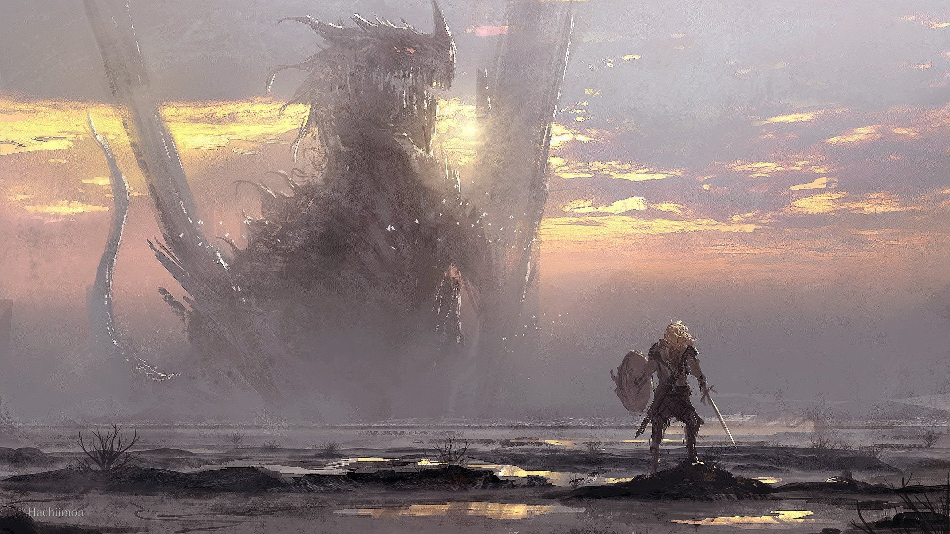 artwork, dragon, warrior, shore, coast, fantasy art, sword, battlefields, dark fantasy, HD Wallpaper