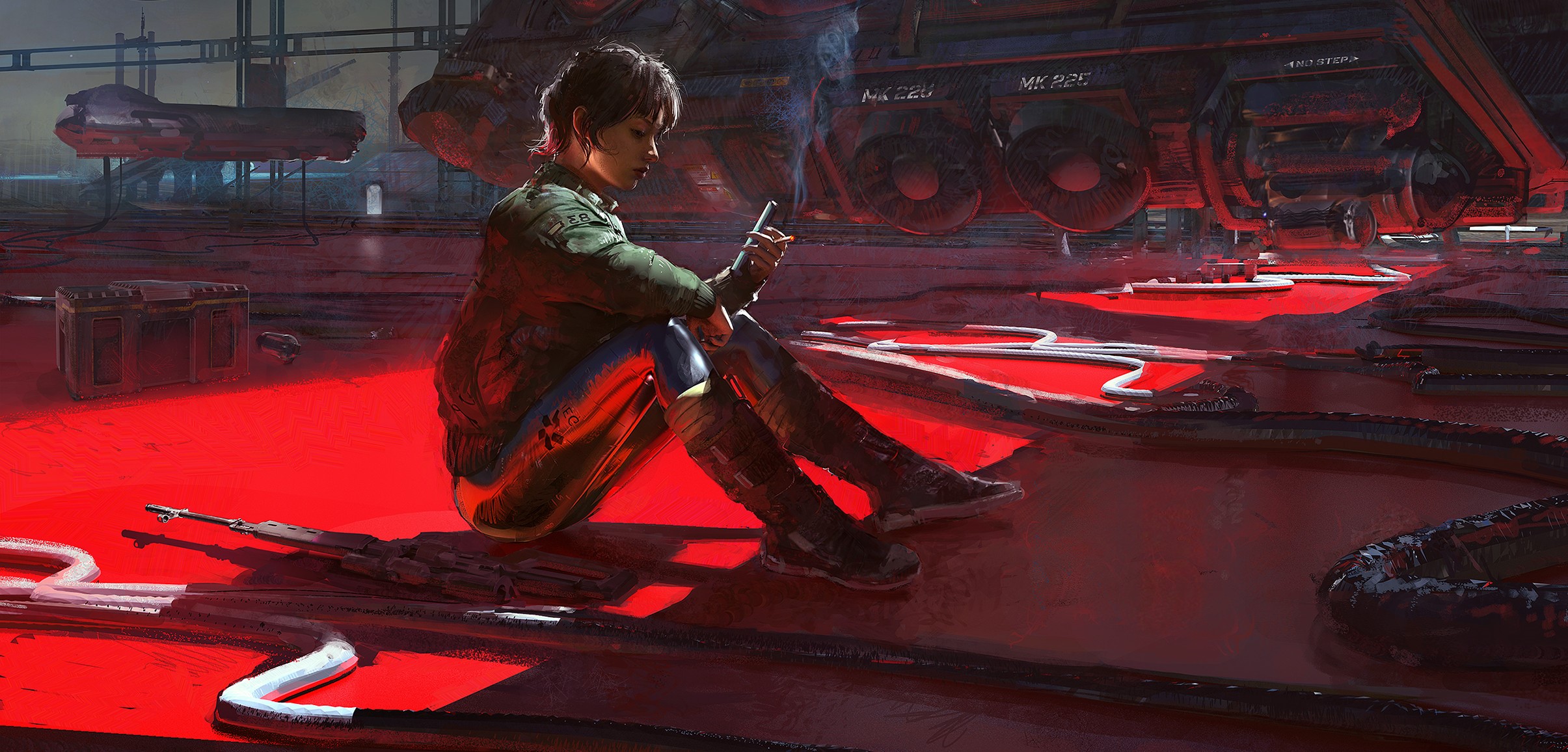 women, futuristic, Klaus Wittmann, artwork, cigarettes, sitting, HD Wallpaper