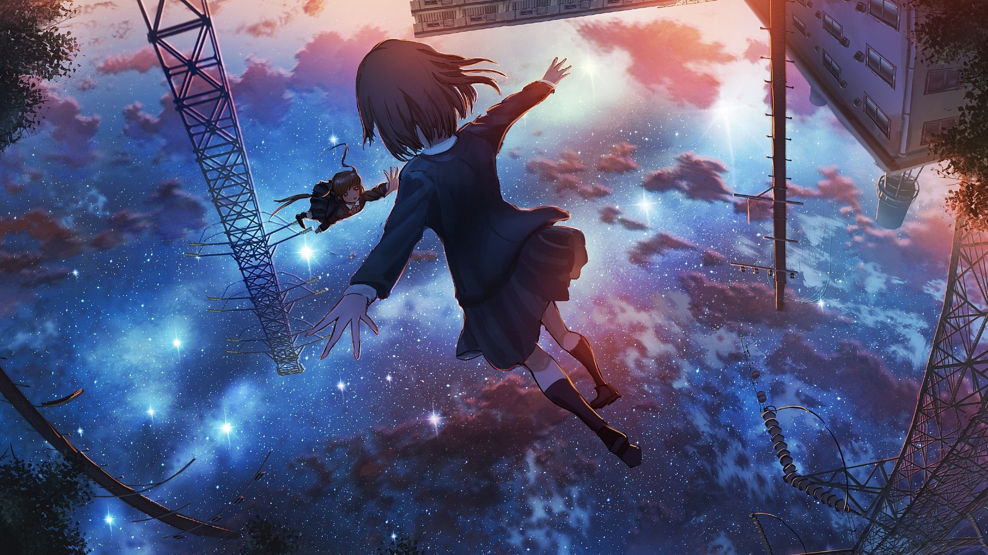 night sky, upside down, school uniform, flying, brunette, short hair, clouds, building, poles, utility pole, knee-highs, twintails, anime, HD Wallpaper