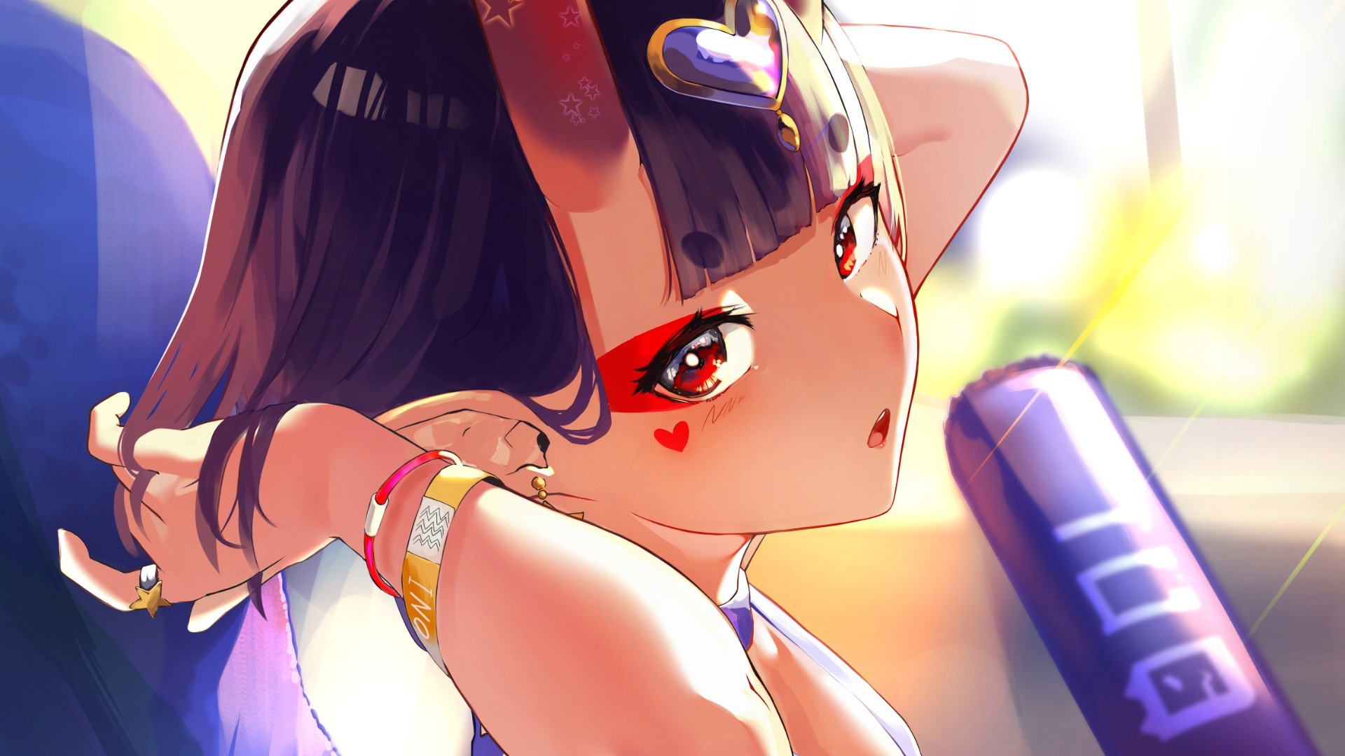 anime girls, short hair, looking at viewer, red eyes, Fate Series, Fate/Grand Order, bangs, horns, rings, bracelets, blush, face paint, Shuten Douji (Fate/Grand Order), anime, HD Wallpaper