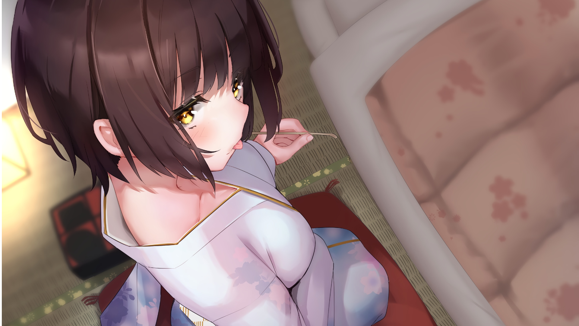 looking at viewer, kimono, mattresses, brunette, anime, HD Wallpaper