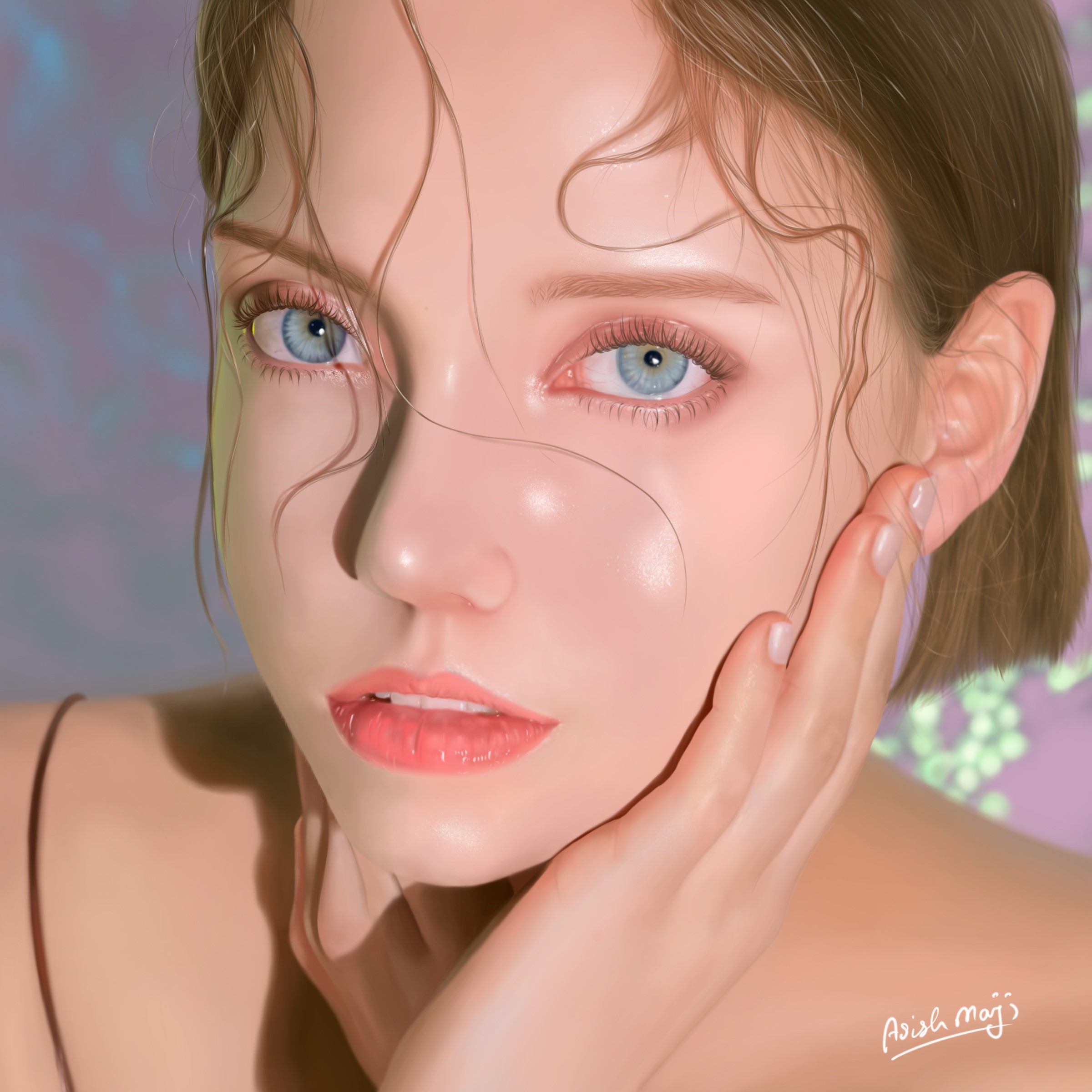 digital, art installation, face, women, drawing, portrait, closeup, blue eyes, open mouth, sensual gaze, hand on face, juicy lips, short hair, HD Wallpaper