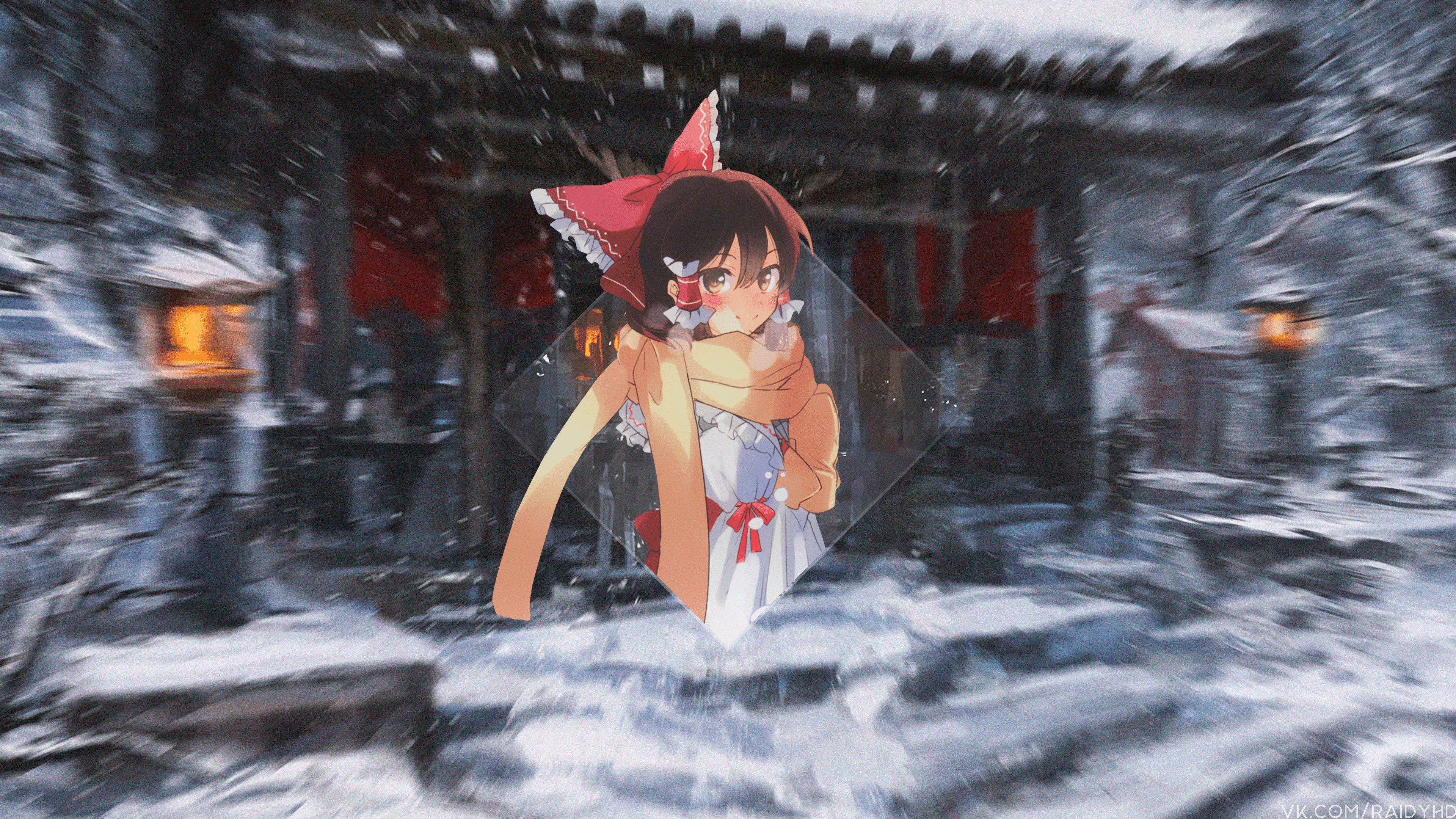 Hakurei Reimu, anime, anime girls, picture-in-picture, snow, Touhou, HD Wallpaper