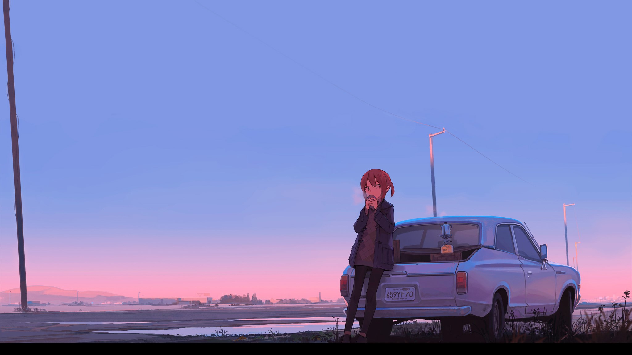 anime, anime girls, coffee, car, HD Wallpaper