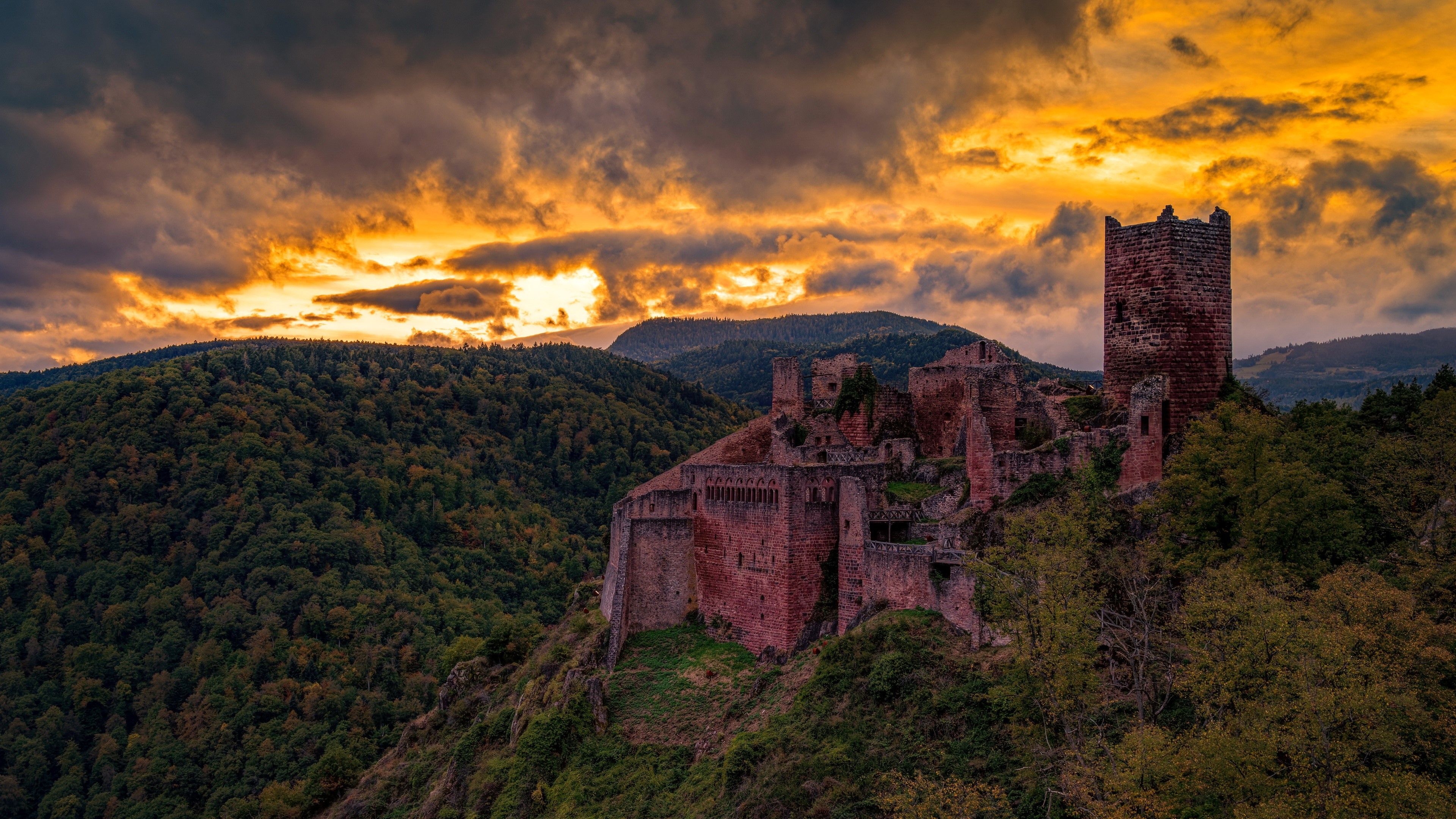 France, castle, ruin, sky, landscape, HD Wallpaper