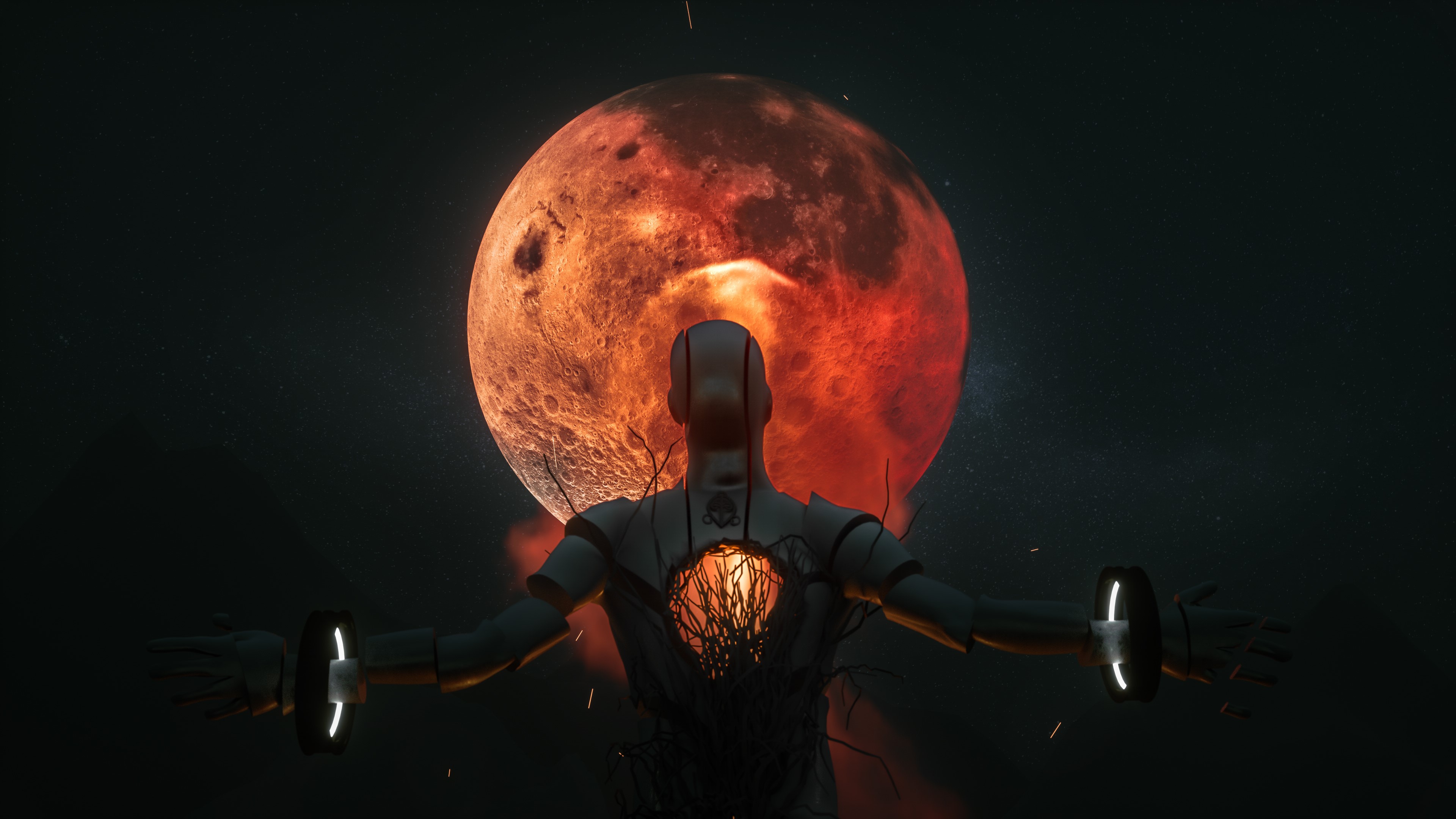 3D, digital art, artwork, illustration, Blood moon, ritual, sky, stars, landscape, HD Wallpaper