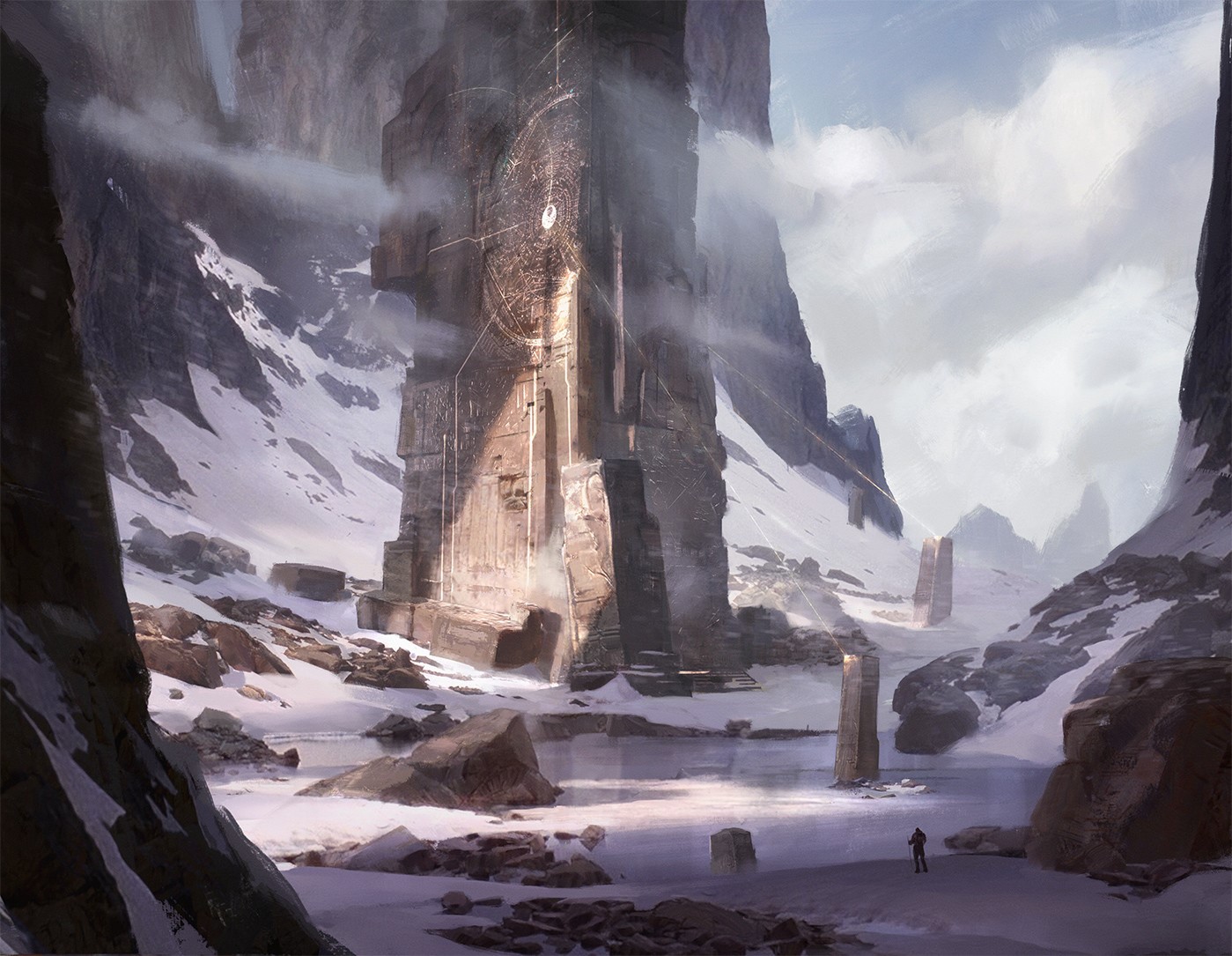 dolmen, science fiction, mountains, fantasy art, digital art, HD Wallpaper