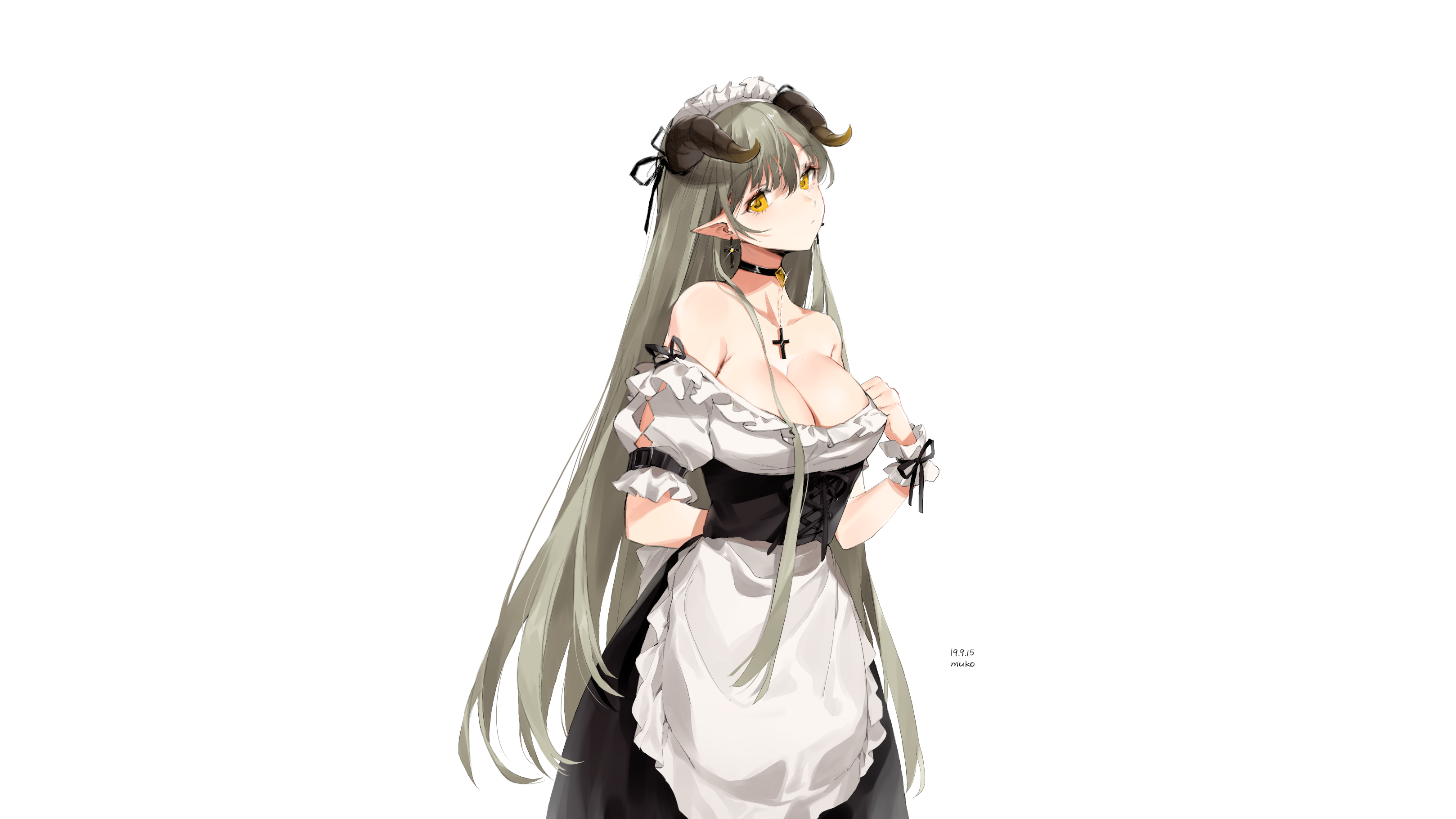 anime, anime girls, digital art, artwork, 2D, yellow eyes, horns, cleavage, no bra, maid, pointed ears, collar, long hair, gray hair, HD Wallpaper