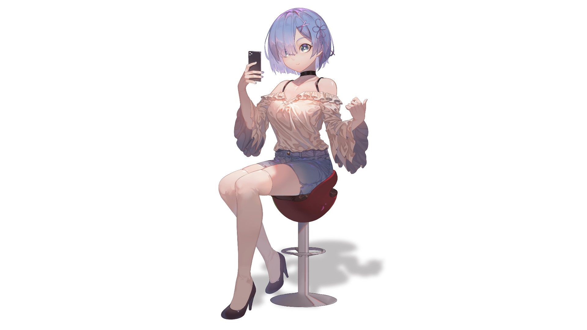 Rem (Re: Zero), blue hair, cellphone, chair, heels, bare shoulders, Re:Zero Kara Hajimeru Isekai Seikatsu, anime, HD Wallpaper