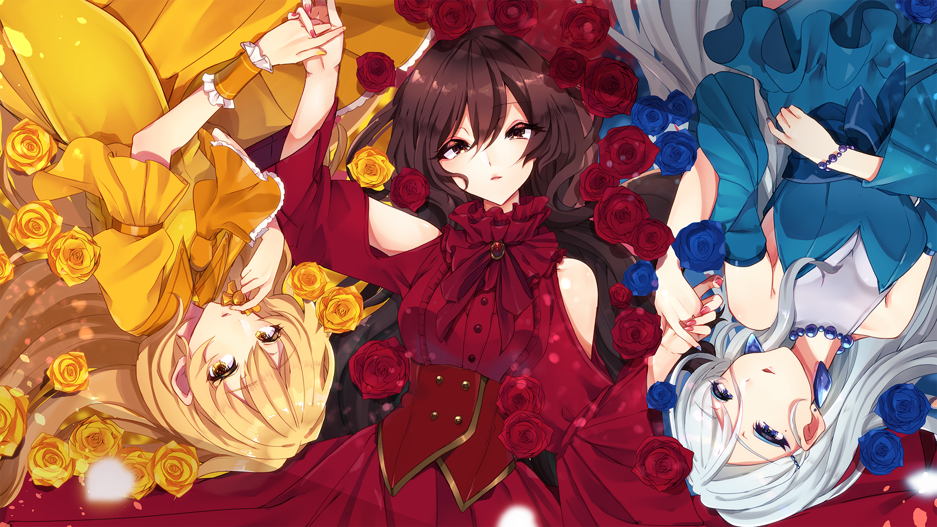 brunette, blonde, white hair, roses, dress, blue eyes, yellow eyes, red eyes, anime, HD Wallpaper