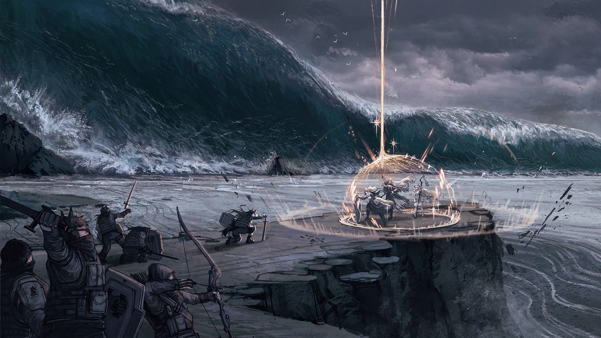 water, waves, shield, sword, Arknights, HD Wallpaper