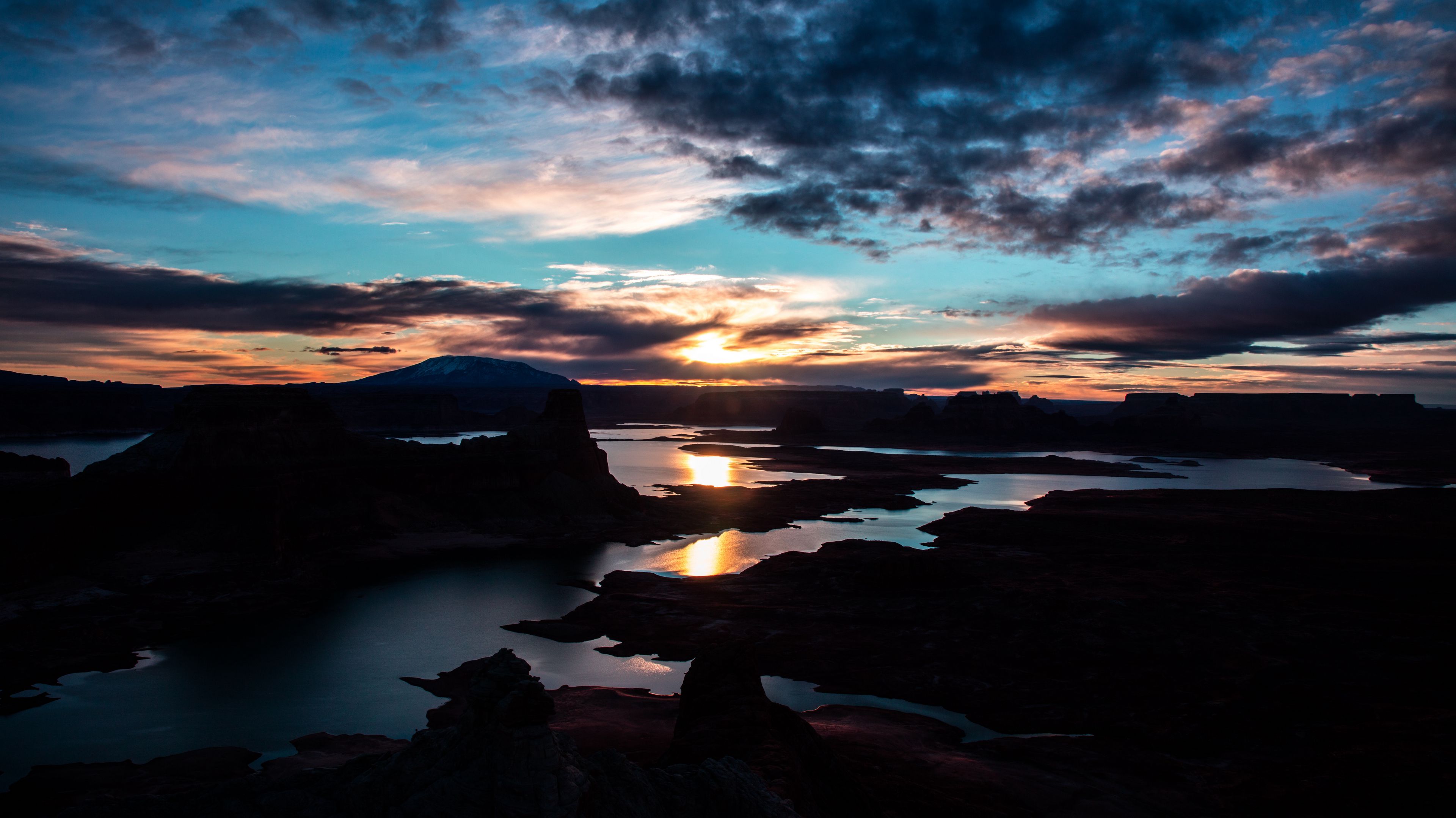 rocks, water, sunset, clouds, sun rays, reflection, outlines, flooded, 4k, HD Wallpaper