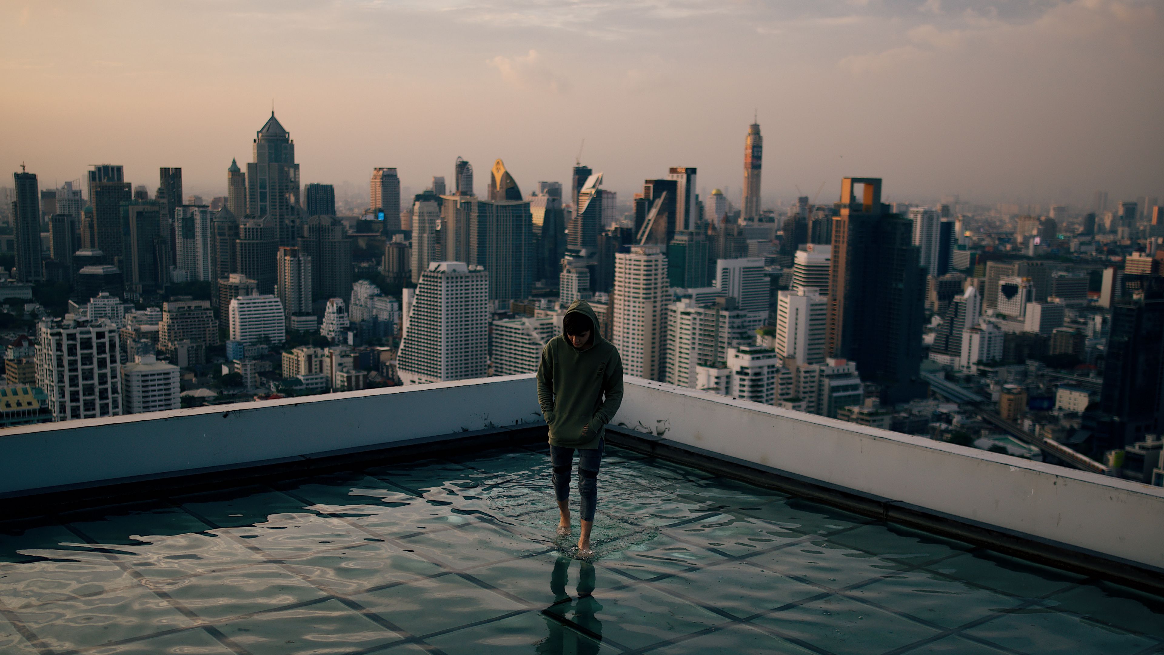 man, roof, water, city, horizon, wet, after rain, 4k, HD Wallpaper