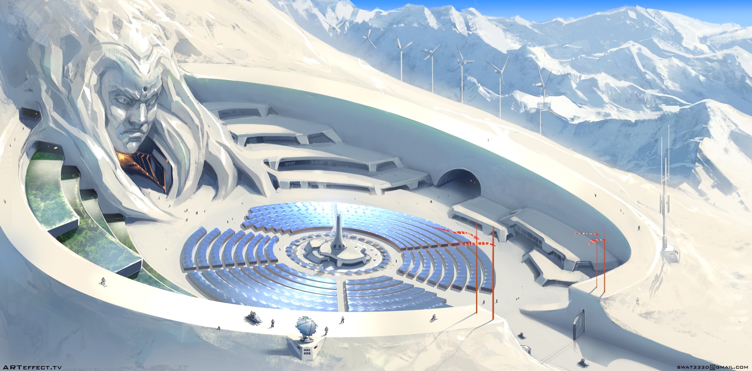 digital, digital art, snow, mountains, illustration, landscape, science fiction, concept art, solar panel, windmill, Ski, HD Wallpaper