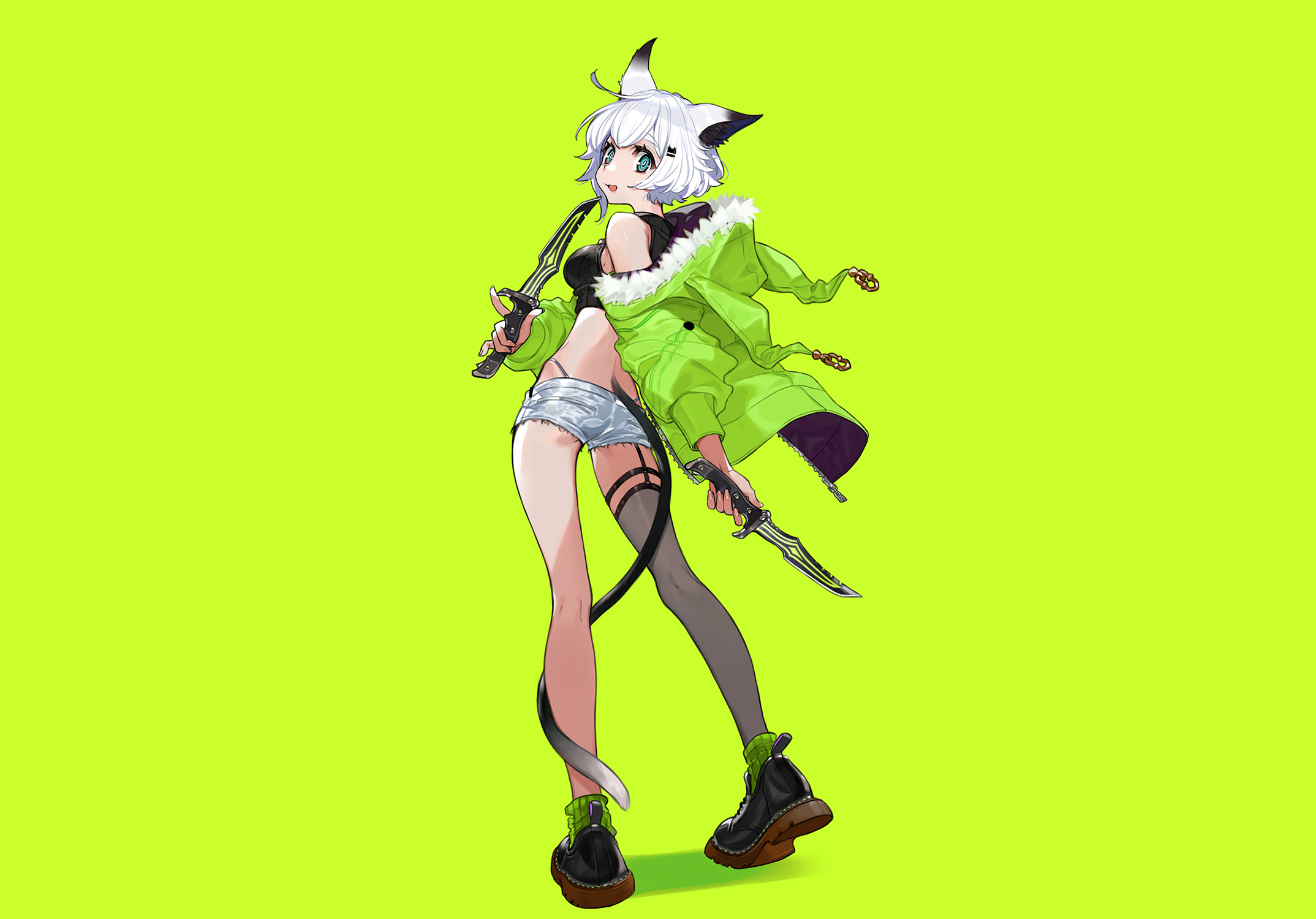 animal ears, short hair, gray hair, shorts, tail, blue eyes, boots, green, stockings, weapon, cat girl, anime, HD Wallpaper