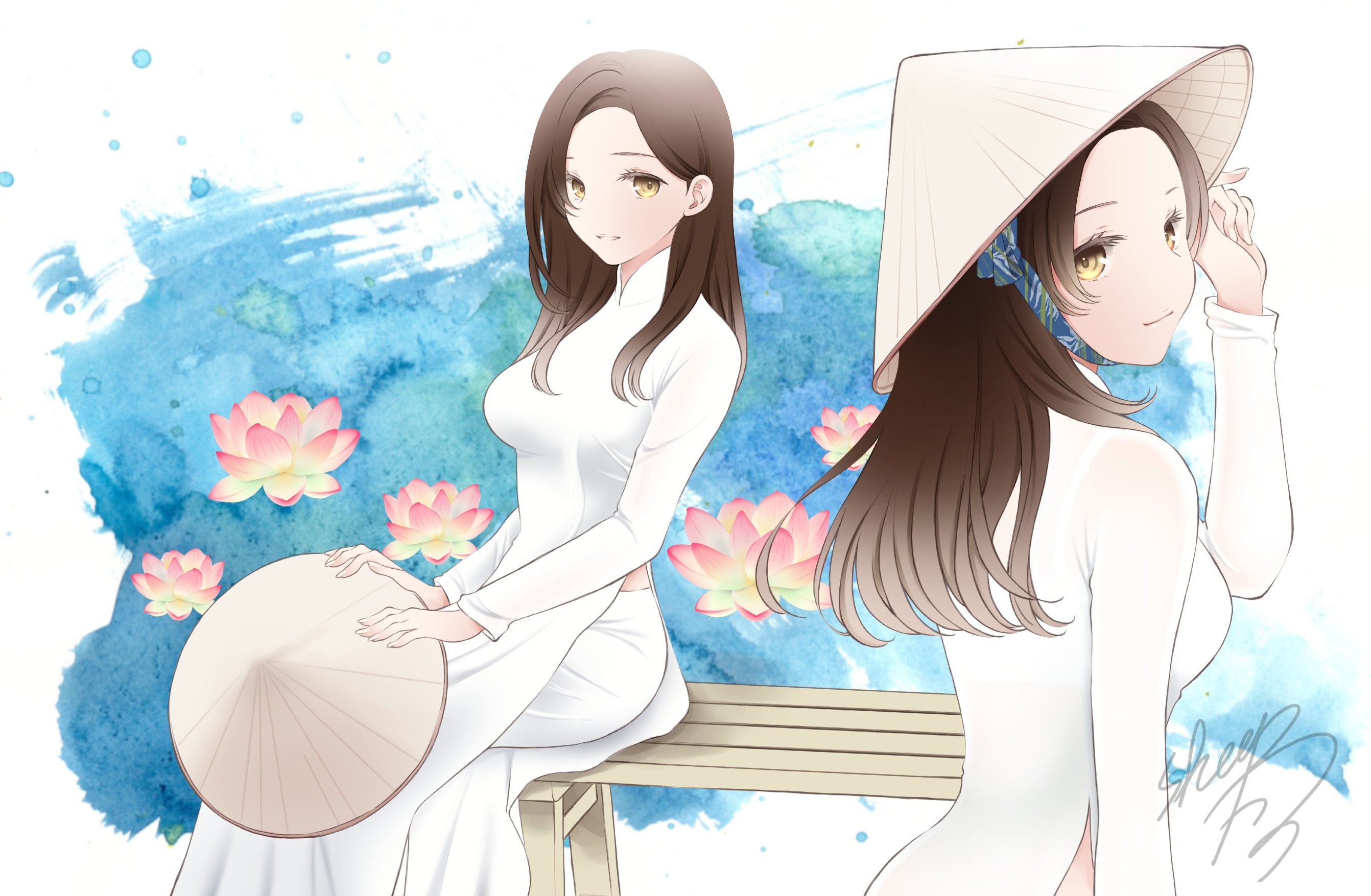 anime, anime girls, digital art, artwork, 2D, portrait, brunette, yellow eyes, white clothing, HD Wallpaper