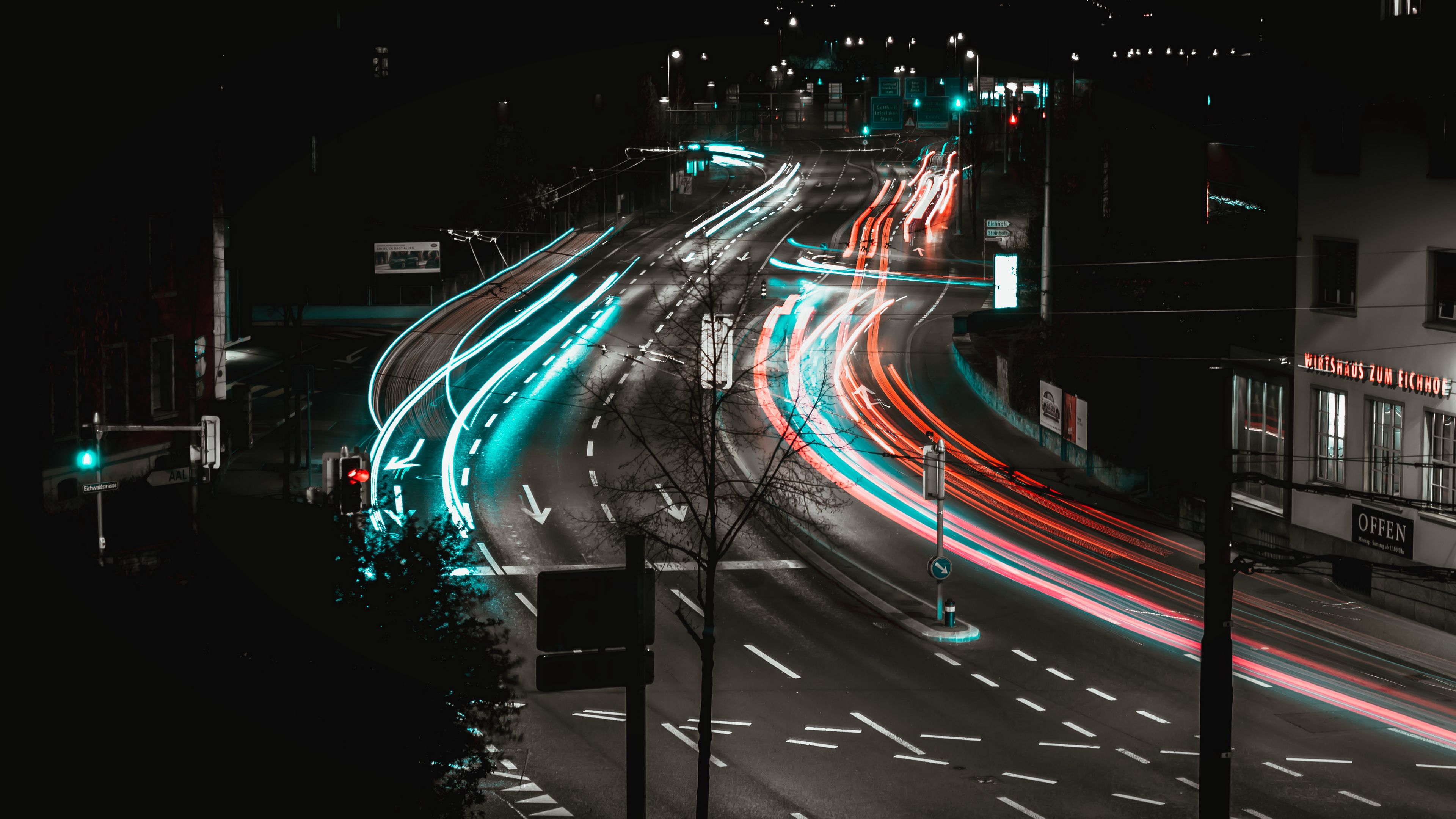 road, turn, backlight, long exposure, multi-lane, urban, 4k, HD Wallpaper