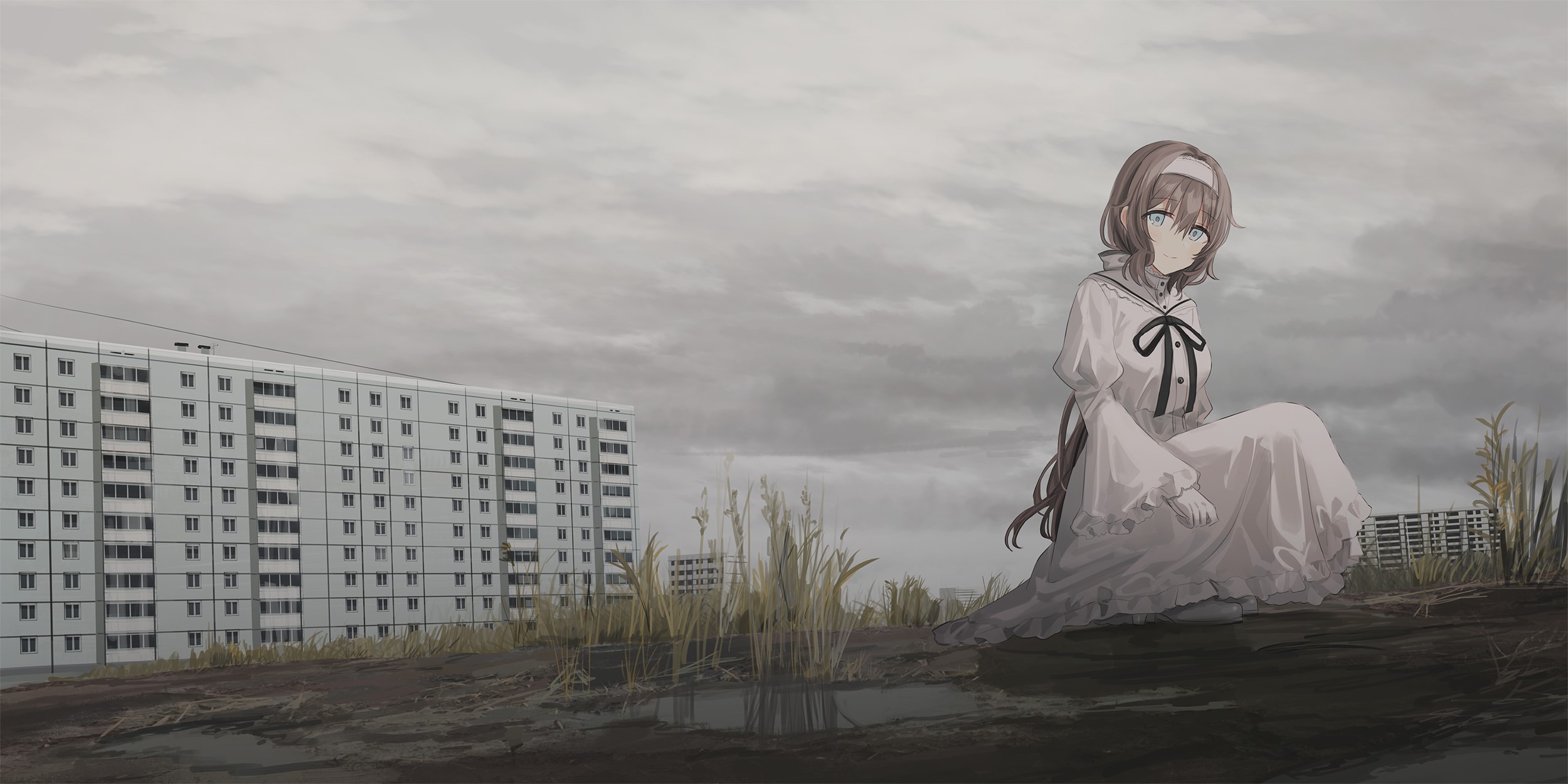 building, grass, white dress, long hair, black hair, cleavage, anime girls, anime, HD Wallpaper