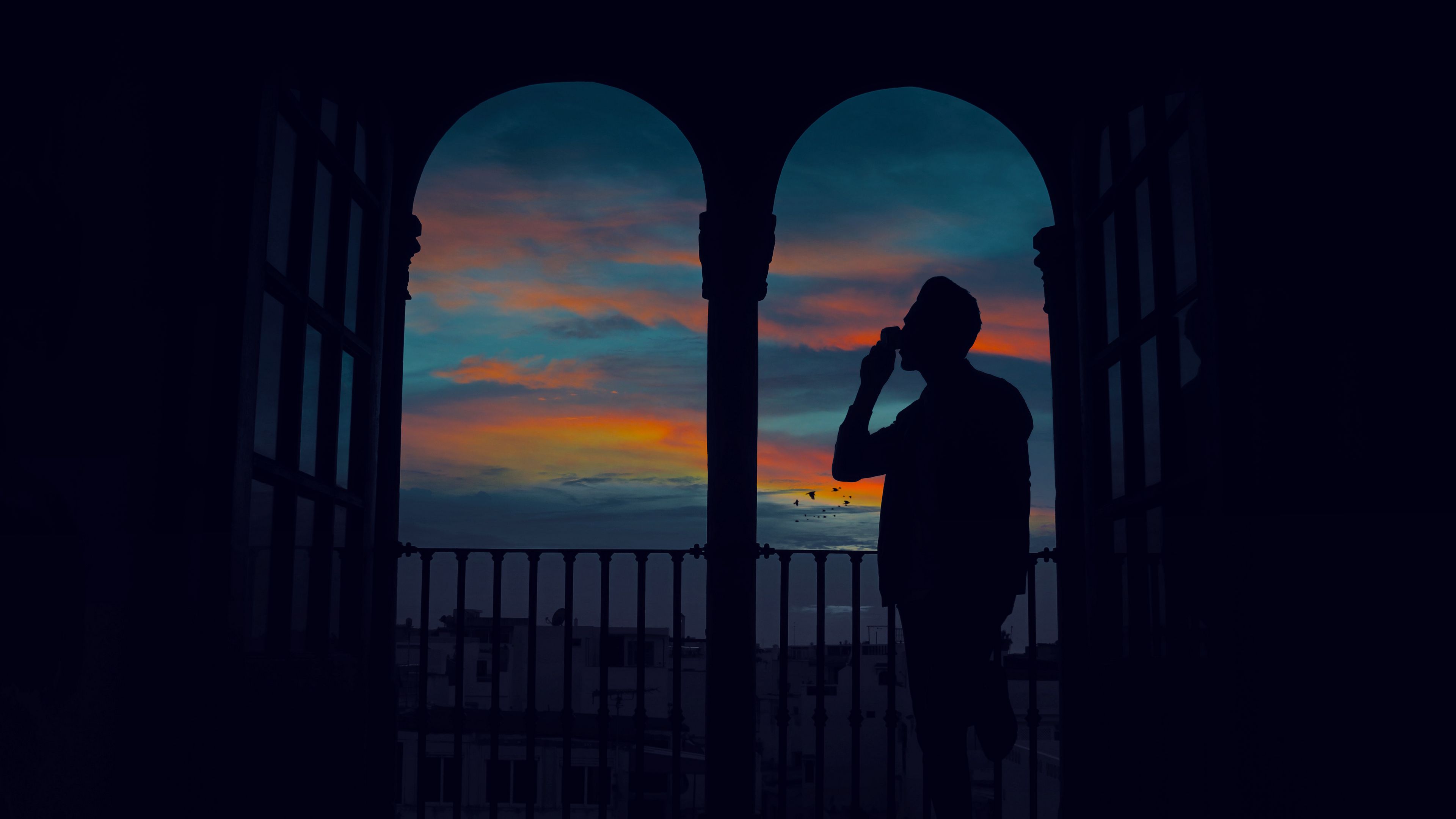 silhouette, arch, twilight, dark, man, 4k, HD Wallpaper