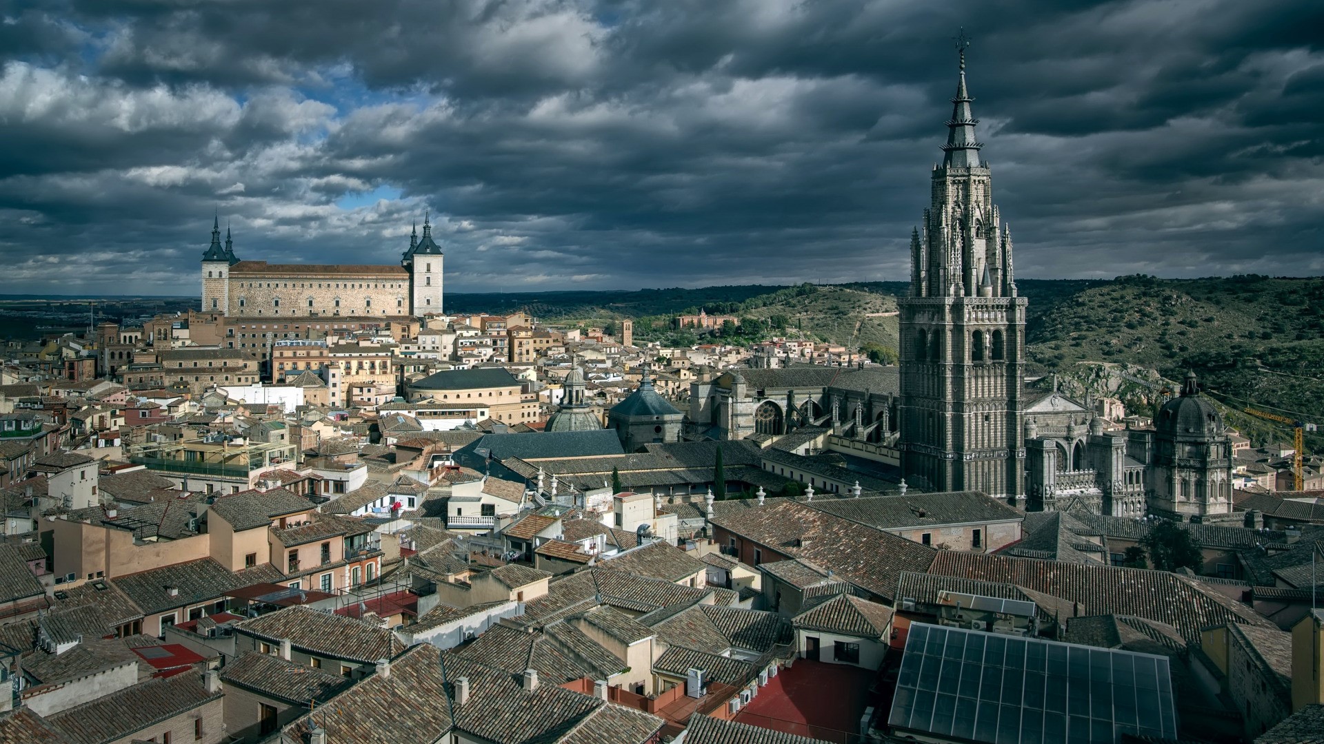architecture, building, city, cityscape, Toledo, Spain, castle, tower, cathedral, clouds, rooftops, old building, hills, HD Wallpaper
