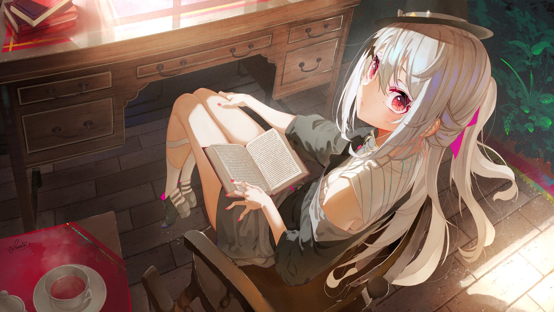 anime, anime girls, digital art, artwork, 2D, portrait, red eyes, white hair, looking at viewer, reading, HD Wallpaper