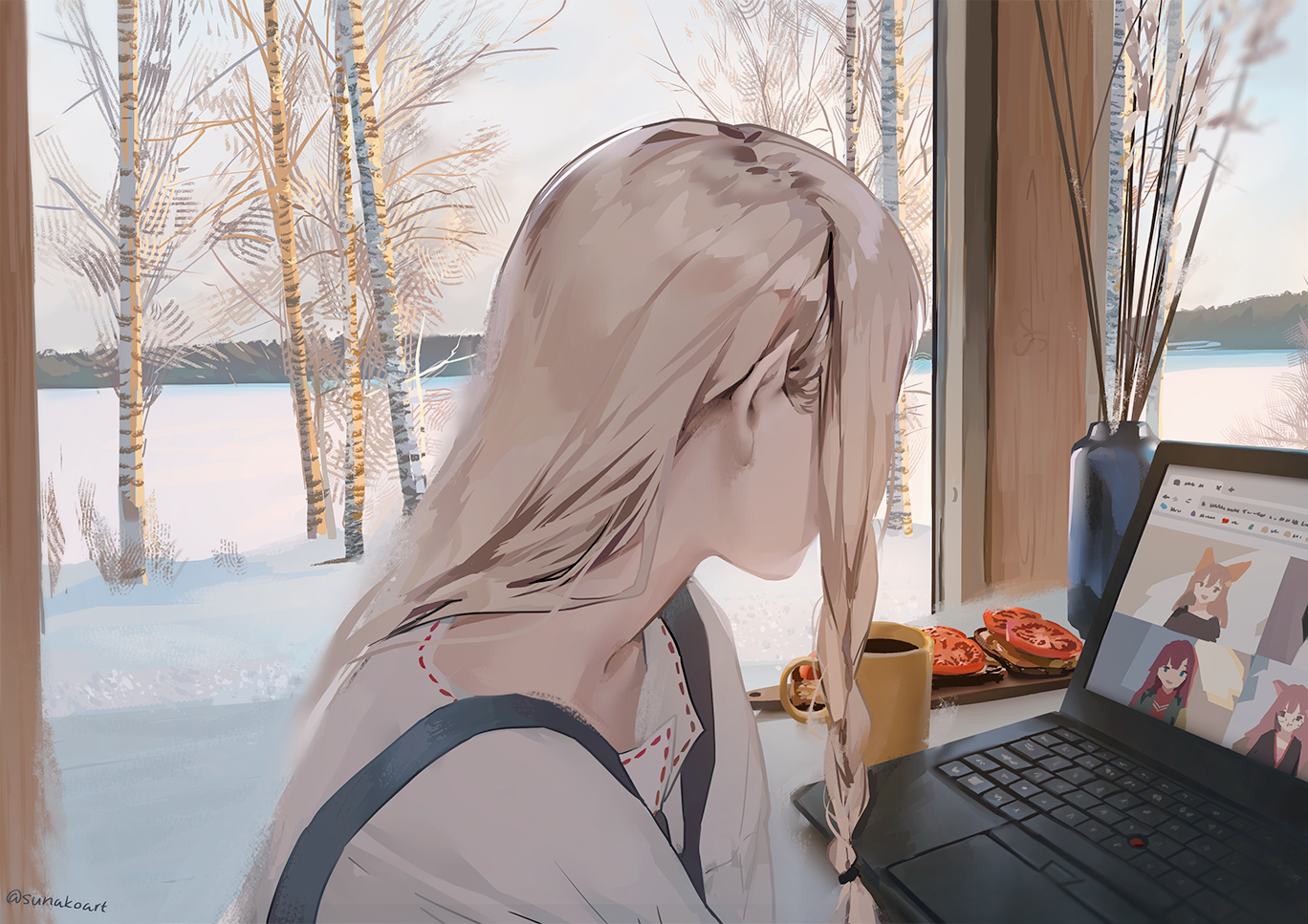 computer, drink, long hair, blonde, pointy ears, HD Wallpaper