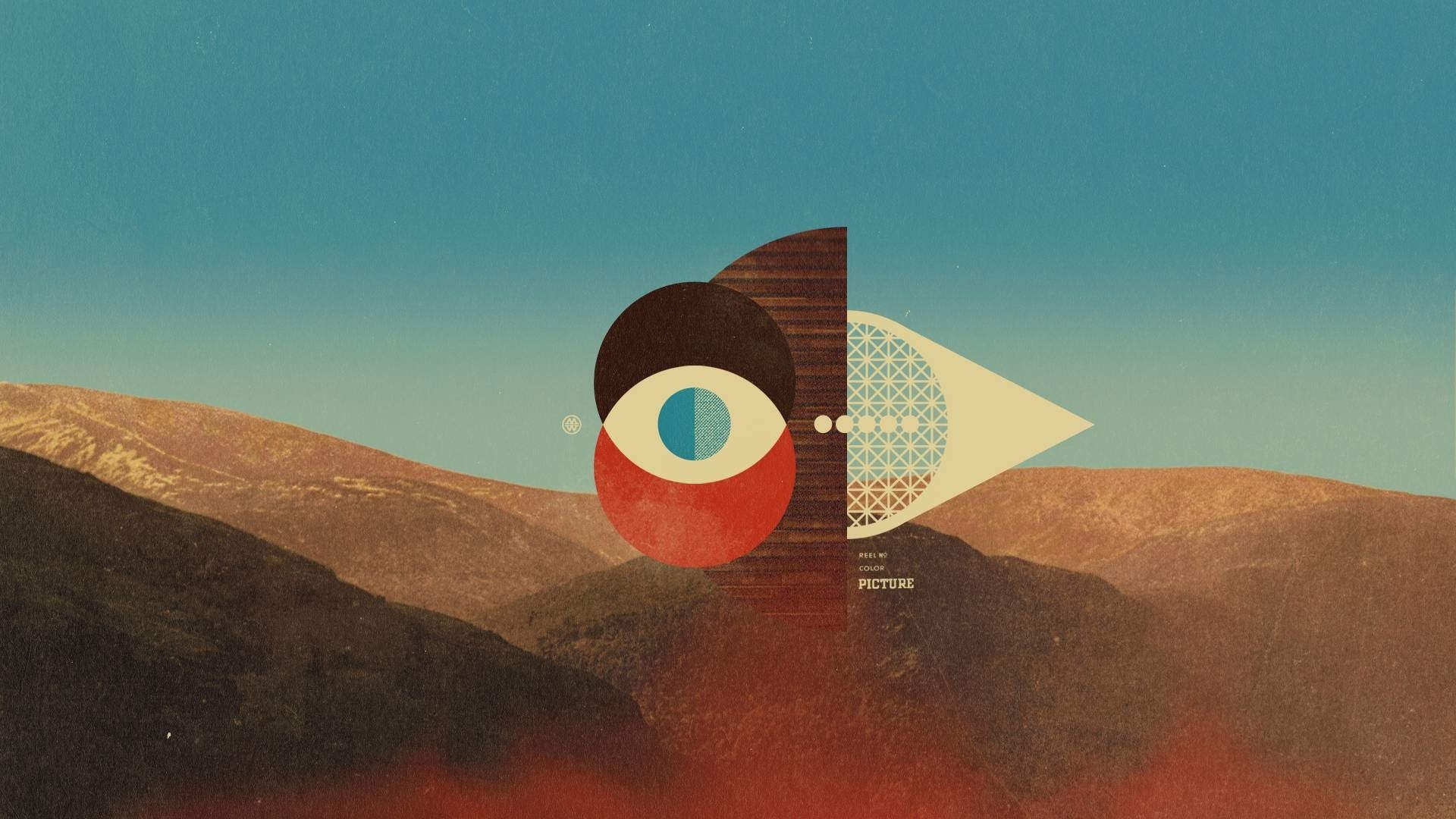 digital art, collage, textured, retro theme, artwork, clear sky, hills, HD Wallpaper