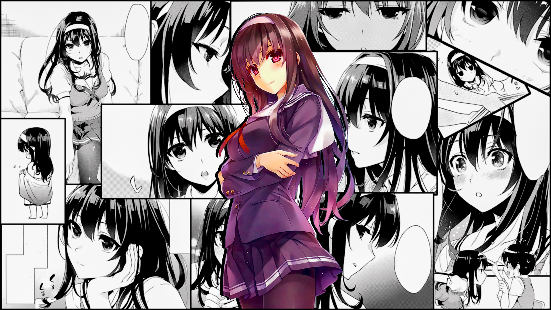 anime, anime girls, Saenai Heroine no Sodatekata, school uniform, Kasumigaoka Utaha, manga, miniskirt, standing, smiling, collage, HD Wallpaper