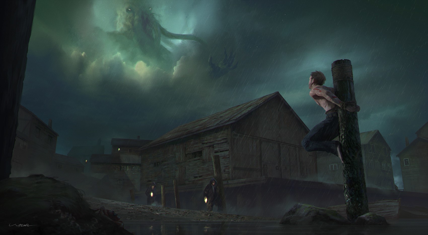 Andy Walsh, horror, creature, Cthulhu, rain, artwork, HD Wallpaper
