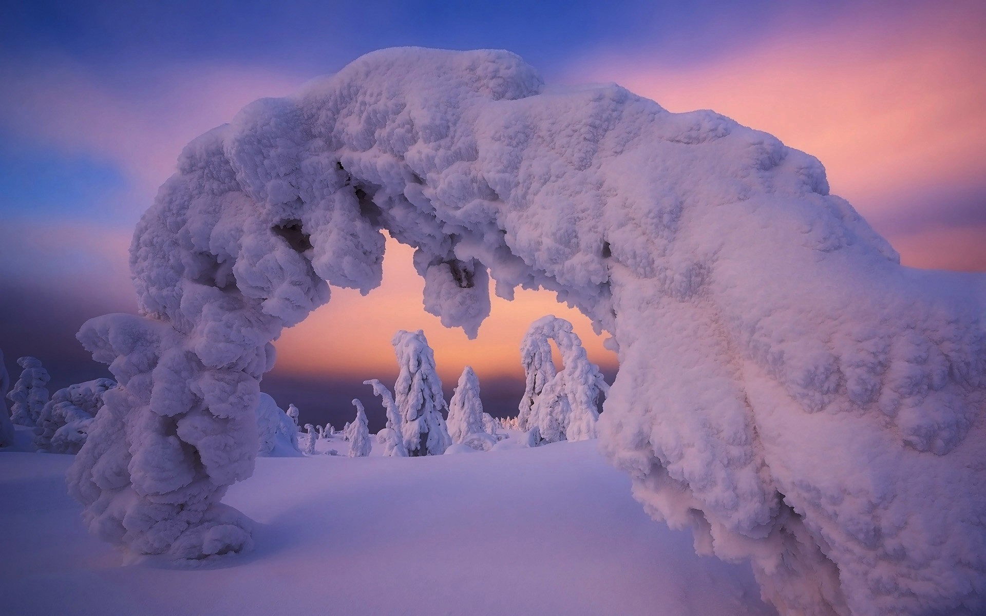 nature, winter, sunset, snow, arch, HD Wallpaper