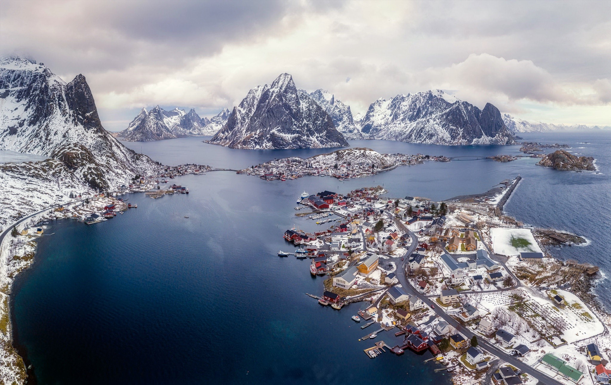 aerial, snow, sea, Norway, mountains, HD Wallpaper