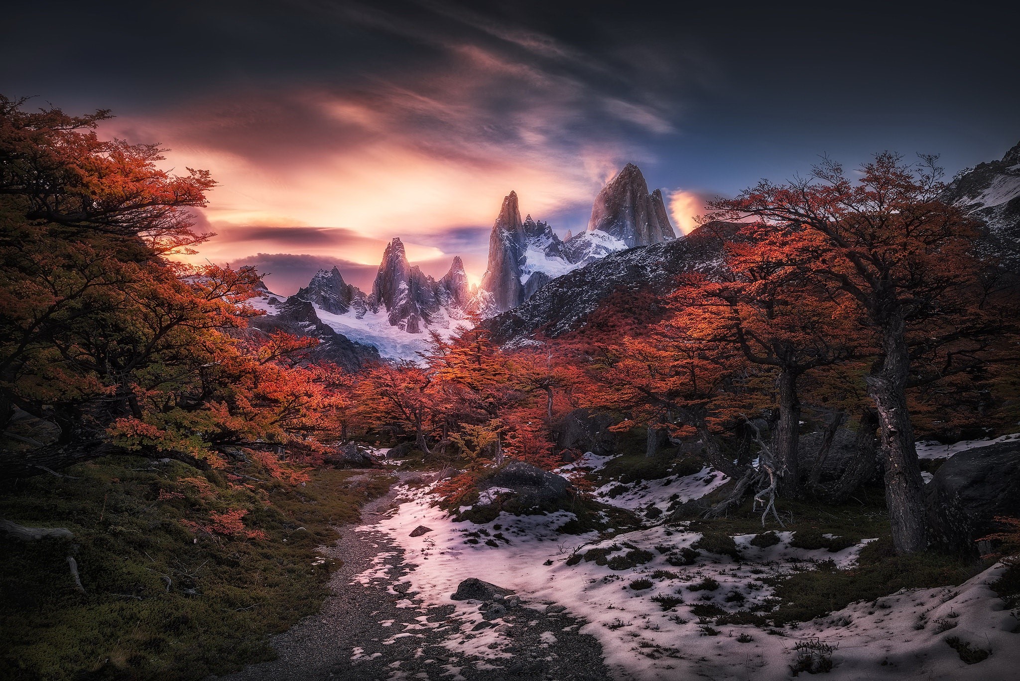 mountains, dark, nature, sunset, trees, sky, HD Wallpaper
